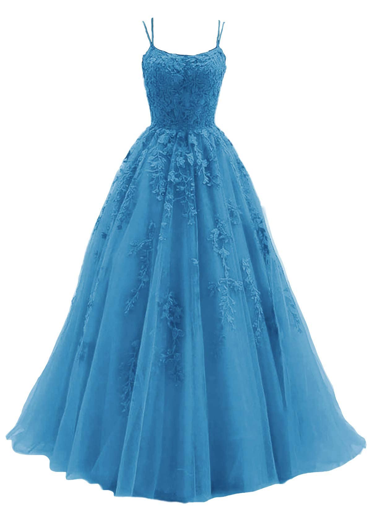 Elegant Spaghetti Strap Prom Dresses for Women - Long Tulle Ball Gown with Lace Appliques | Perfect for Formal Events, Weddings & Evening Galas