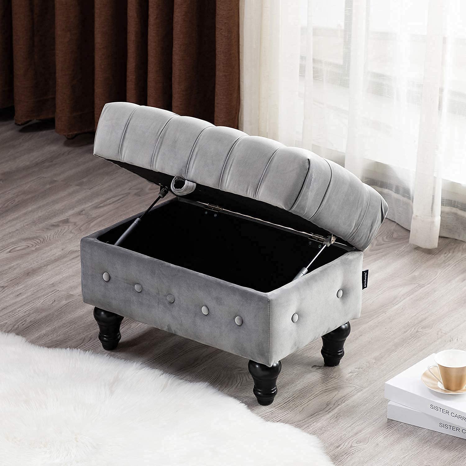 Artechworks Rectangular Storage Coffee Table Ottoman with Button Tufted Upholstery - Multifunctional Footstool, Toy Box & Space-Saving Stool for Living Room, Bedroom & Home Office (Grey) - Perfect for Small Spaces, Kids' Room Organization & Cozy Home Decor