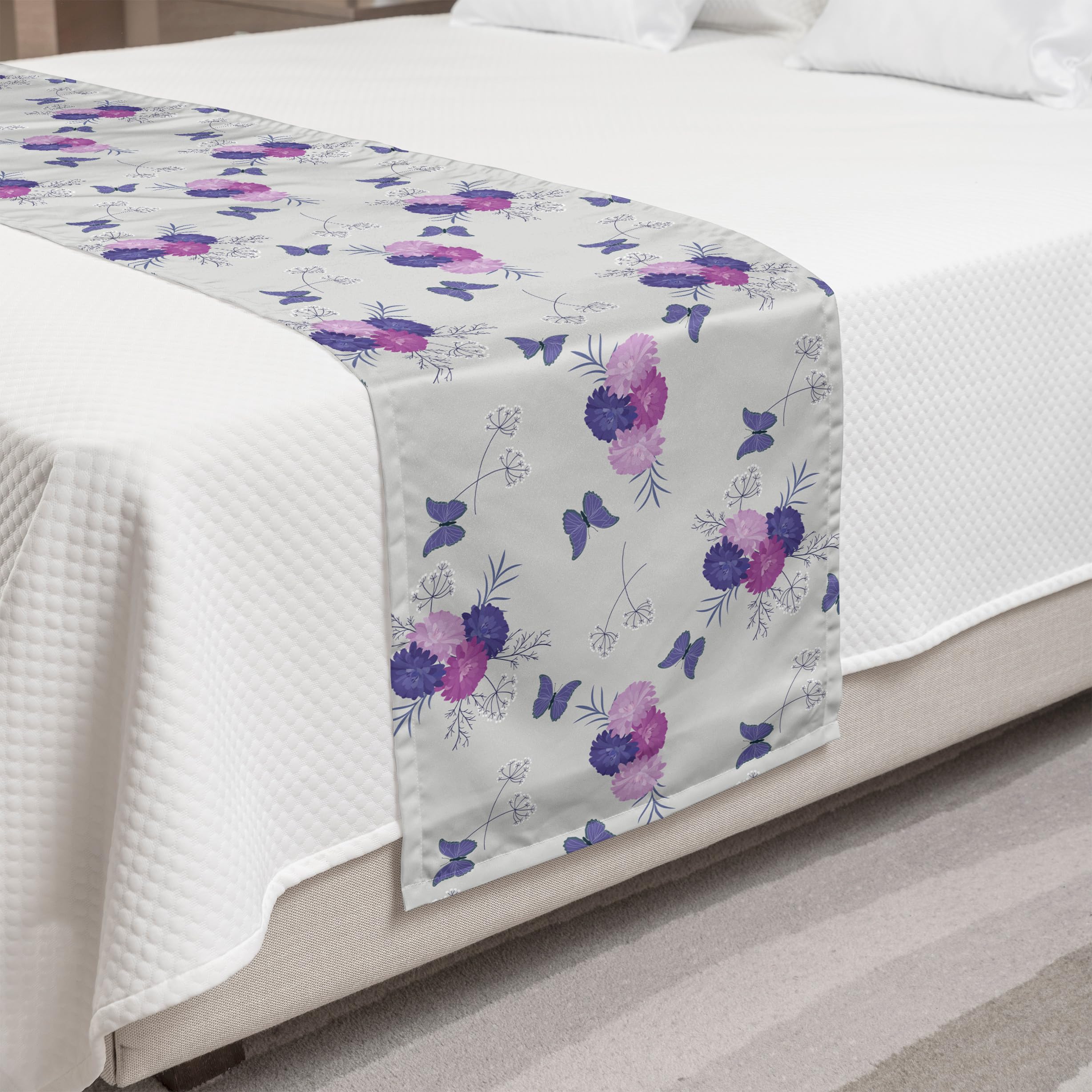 Ambesonne Floral Bed Runner - Vibrant Meadow Flowers & Butterflies Design | Decorative Bed Scarf for King Size Beds | Perfect for Hotels, Homes & Guestrooms | Fuchsia Violet | Enhance Bedroom Decor & Wedding Styling