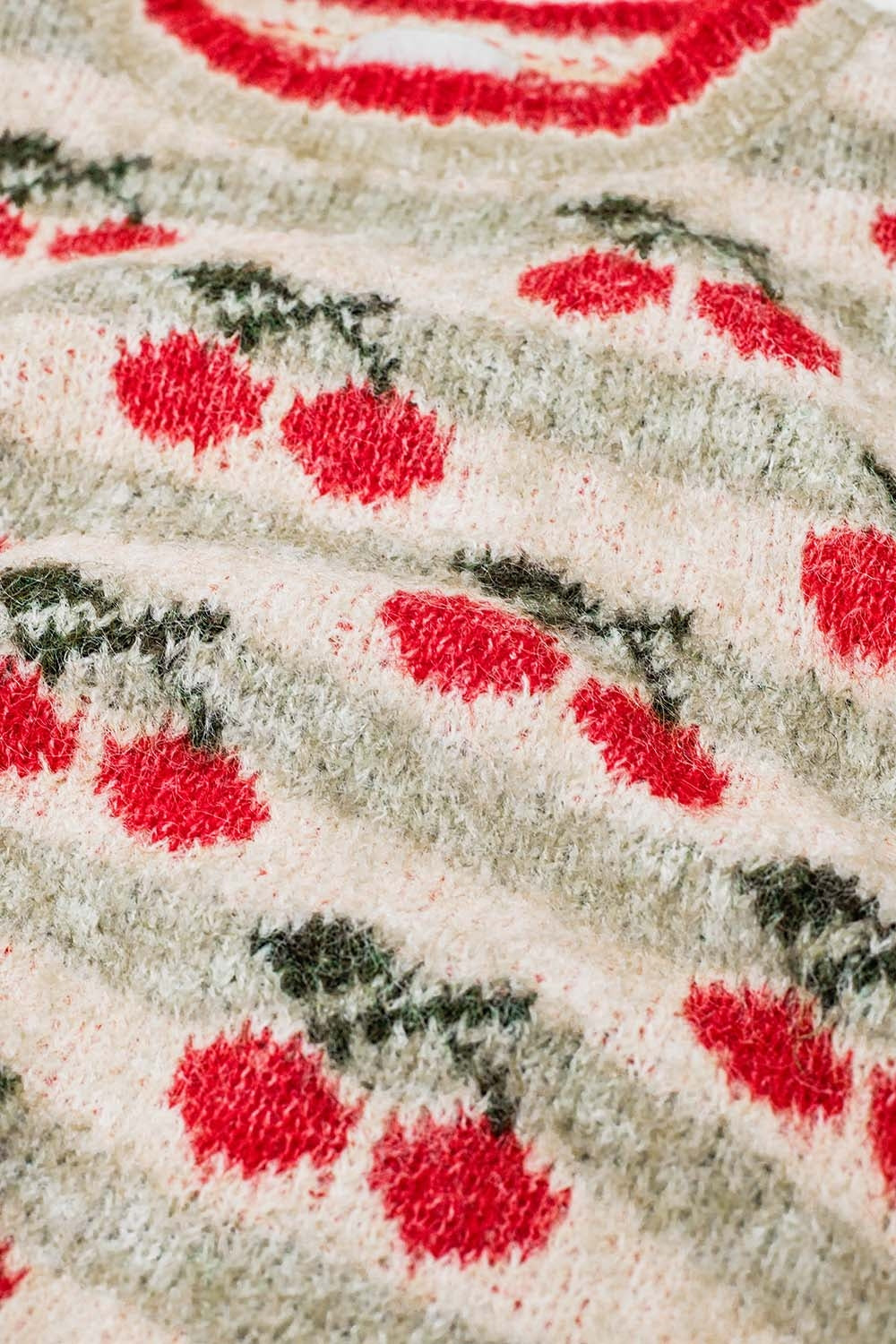 Women's Short Sleeve Pullover Sweater in Ecru with Cherry Print - Casual Spring Outfit & Cozy Fall Layering