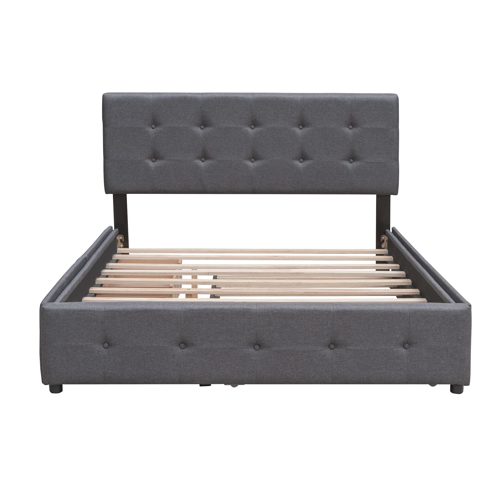 Queen Size Upholstered Platform Bed with 2 Storage Drawers & Twin XL Trundle - Linen Fabric Wooden Bed Frame in Dark Gray | Space-Saving Storage Solution for Small Bedrooms & Guest Rooms