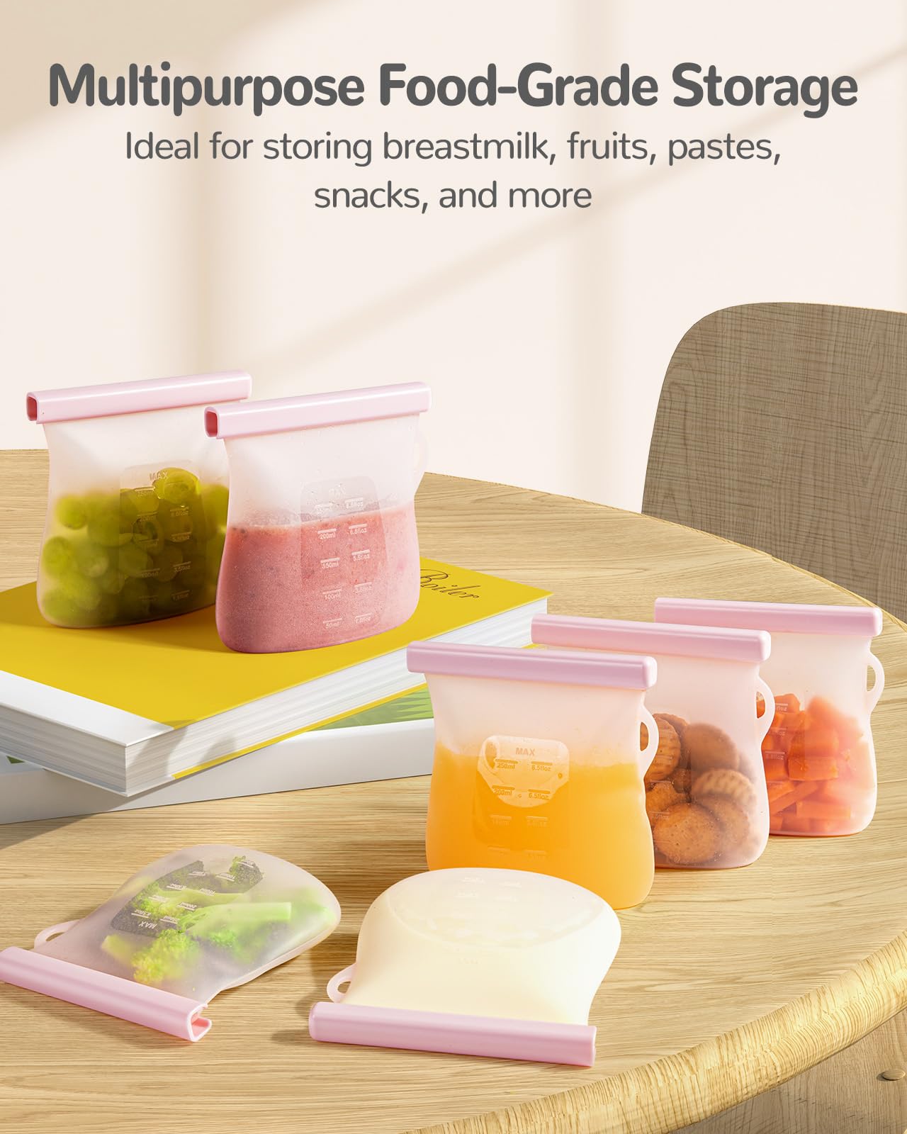 JellyRuru 7-Pack Reusable Breast Milk Storage Bags - 8.5oz/250ml BPA-Free Silicone Freezer Containers for Breastmilk - Leakproof, Self-Standing Baby Food Storage Bags - Perfect for Pumping, Freezing & Organizing Breast Milk at Home or On-the-Go