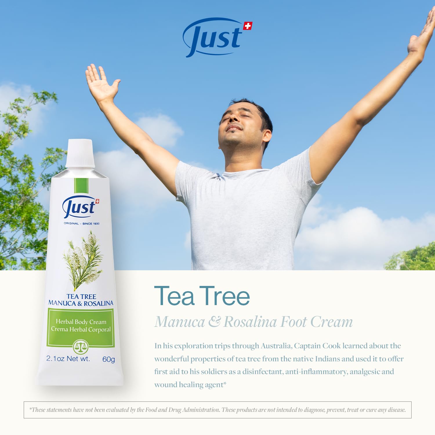 Swiss Just Tea Tree Oil Foot Cream with Manuka Honey & Rosalina Extract 60g – Natural Remedy for Athlete's Foot, Insect Bites & Dry Cracked Skin | Promotes Healing & Skin Regeneration | Ideal for Daily Foot Care, Post-Workout Recovery & Outdoor Activities
