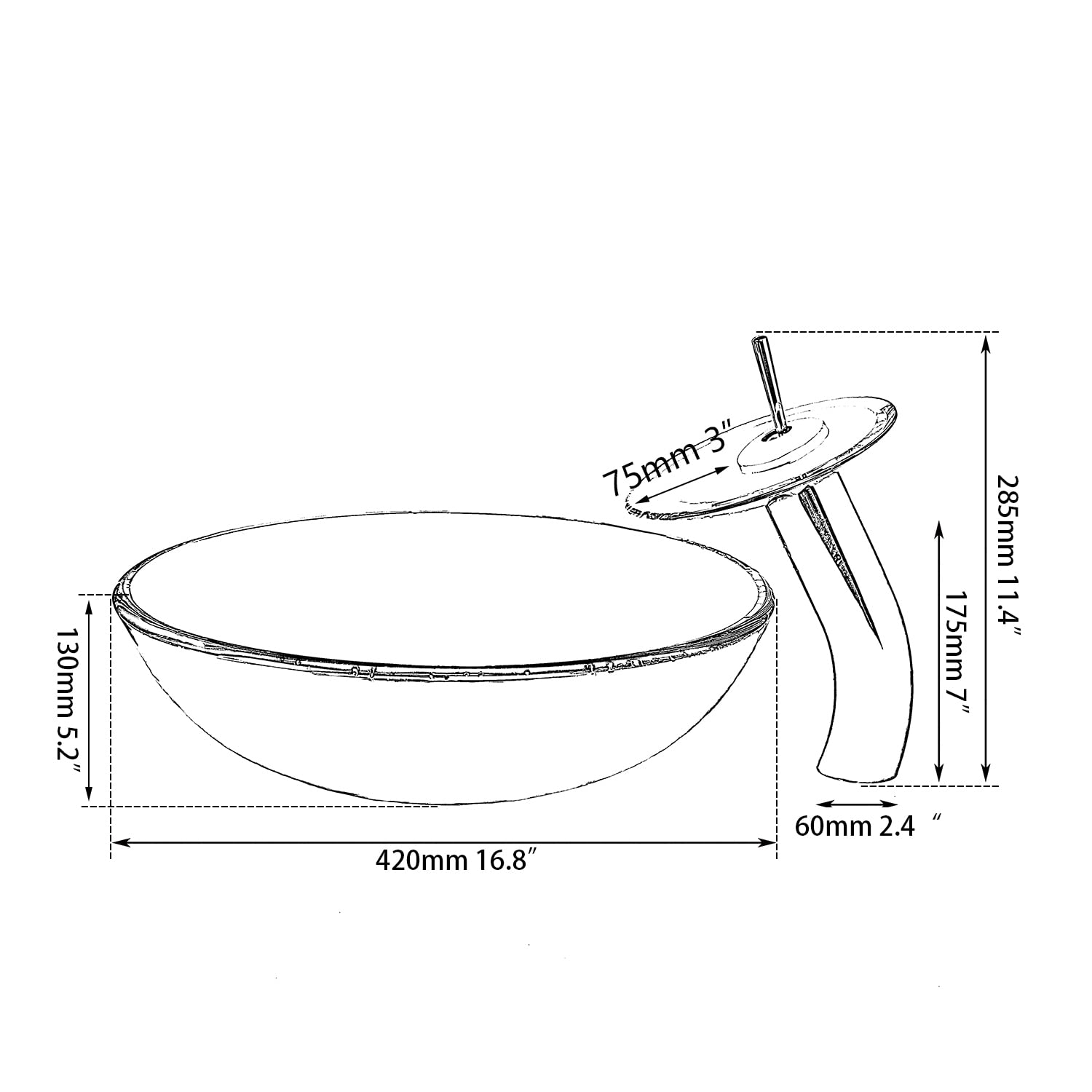 Black & Blue Round Tempered Glass Vessel Sink with Waterfall Faucet - Bathroom Wash Basin with Chrome Brass Mixer, Pop-up Drain & Hot/Cold Water Hoses - Perfect for Modern Bathrooms, Powder Rooms & Spa Retreats