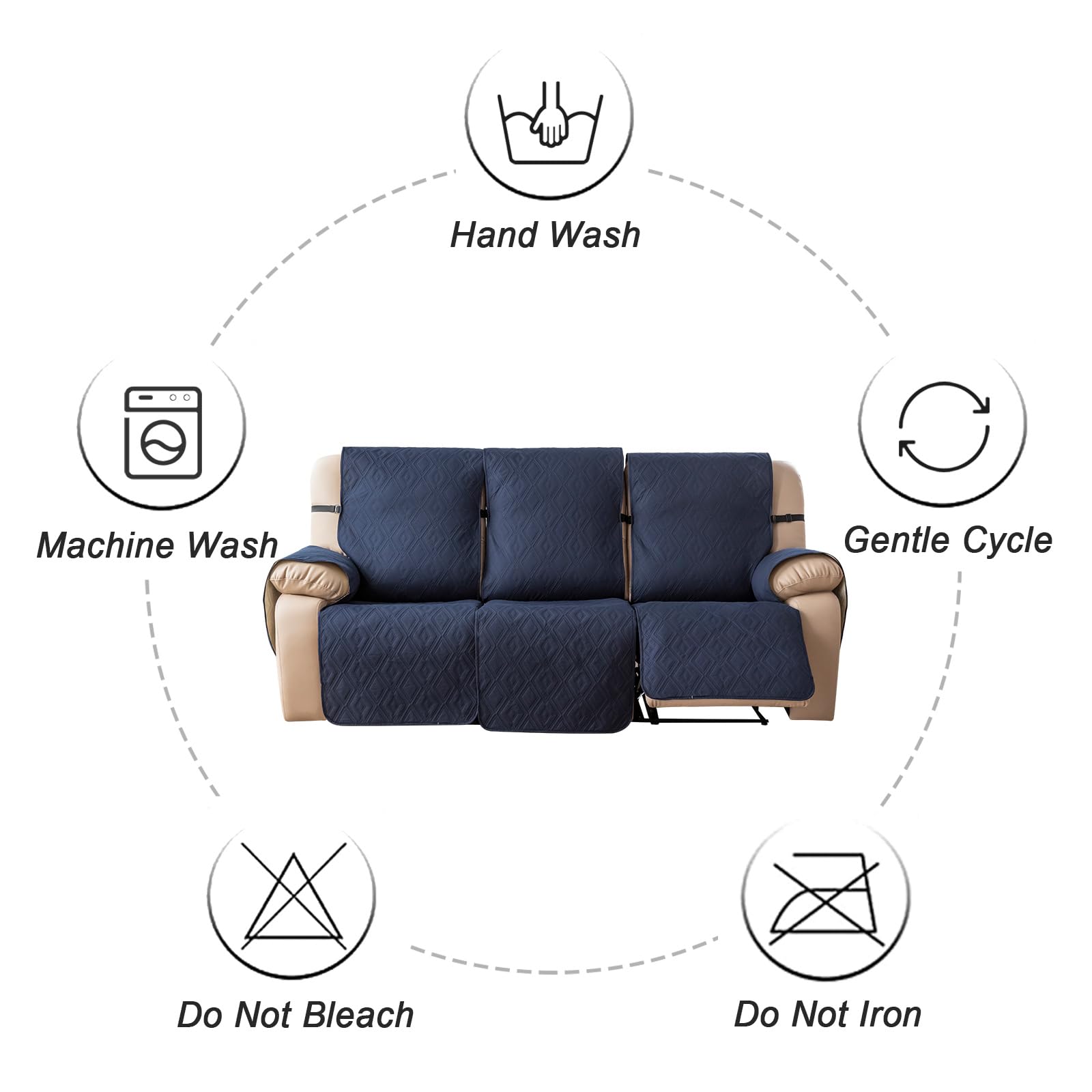 Waterproof Reclining Couch Cover 3-Seater Non-Slip Washable Sofa Protector for Pets & Kids - Navy Blue Furniture Protector for Recliner Sofas - Perfect for Living Room, Family Room & Pet-Friendly Homes
