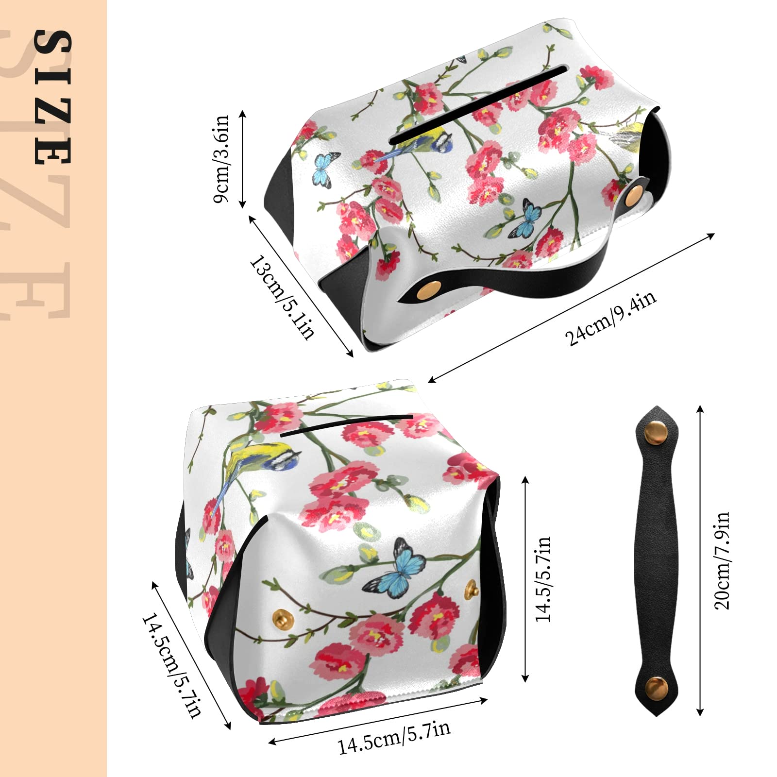 Japanese Style Spring Tree Branches with Red Flowers, Birds & Green Leaves - Rectangular Leather Tissue Box Cover with Handle for Bathroom, Home, Nightstand, Vanity, Office Desk & Car (5.7x5.7x5.7 inches) - Perfect for Home Decor, Gift Giving & Everyday Use