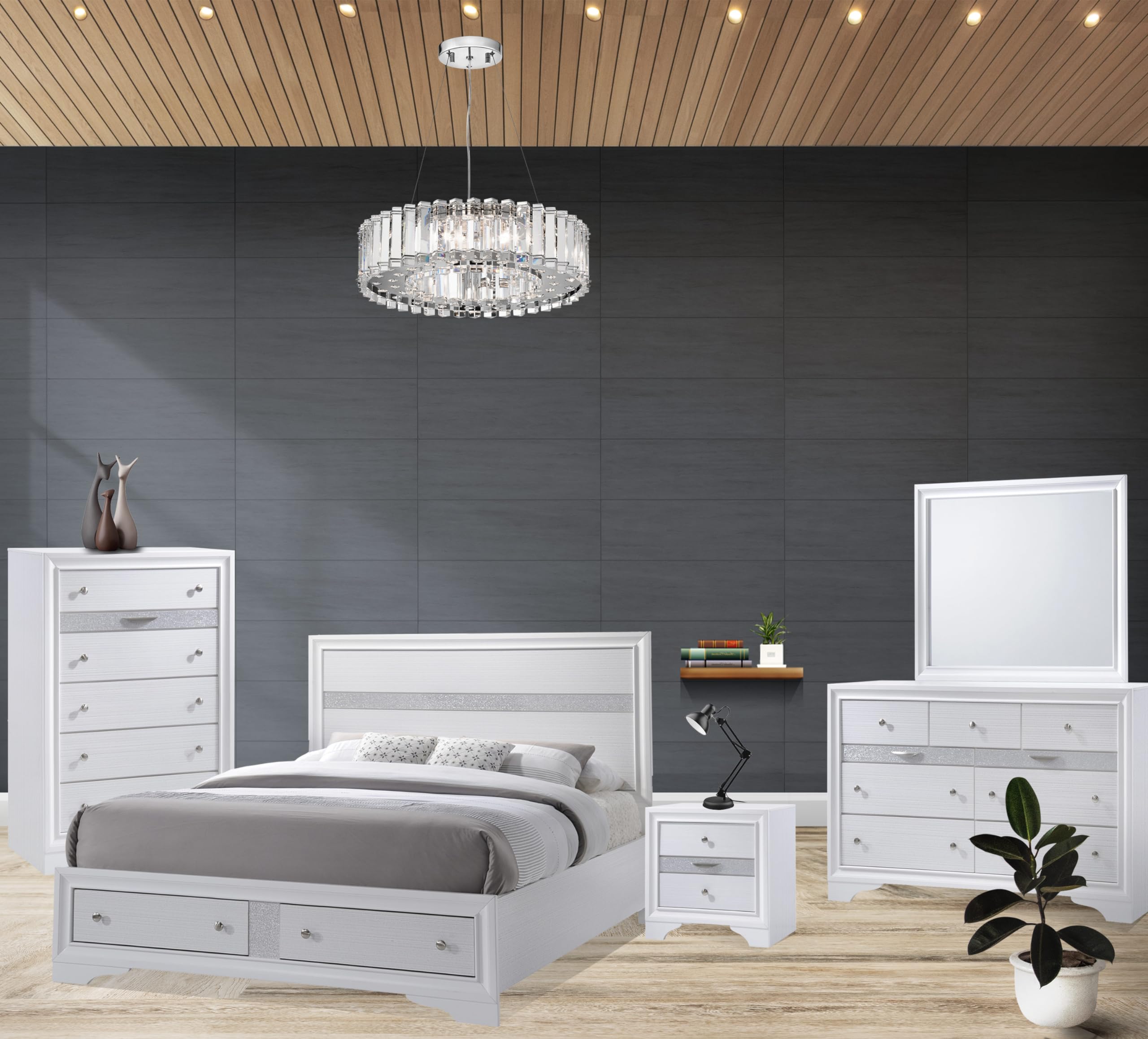 Kings Brand Furniture - 5-Piece Watson King Size Bedroom Set with Bed, Dresser, Mirror, Chest & Nightstand | Modern Bedroom Furniture for Master Suite & Guest Room
