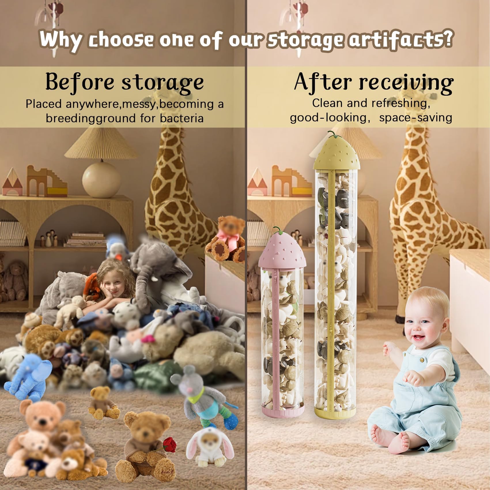Vertical Clear Toy Storage Tube with Light & Zipper - 44in Stuffed Animal Organizer for Kids' Room (Pink) | Perfect for Storing Plush Toys, Stuffed Animals & Soft Dolls in Bedrooms, Playrooms & Daycares