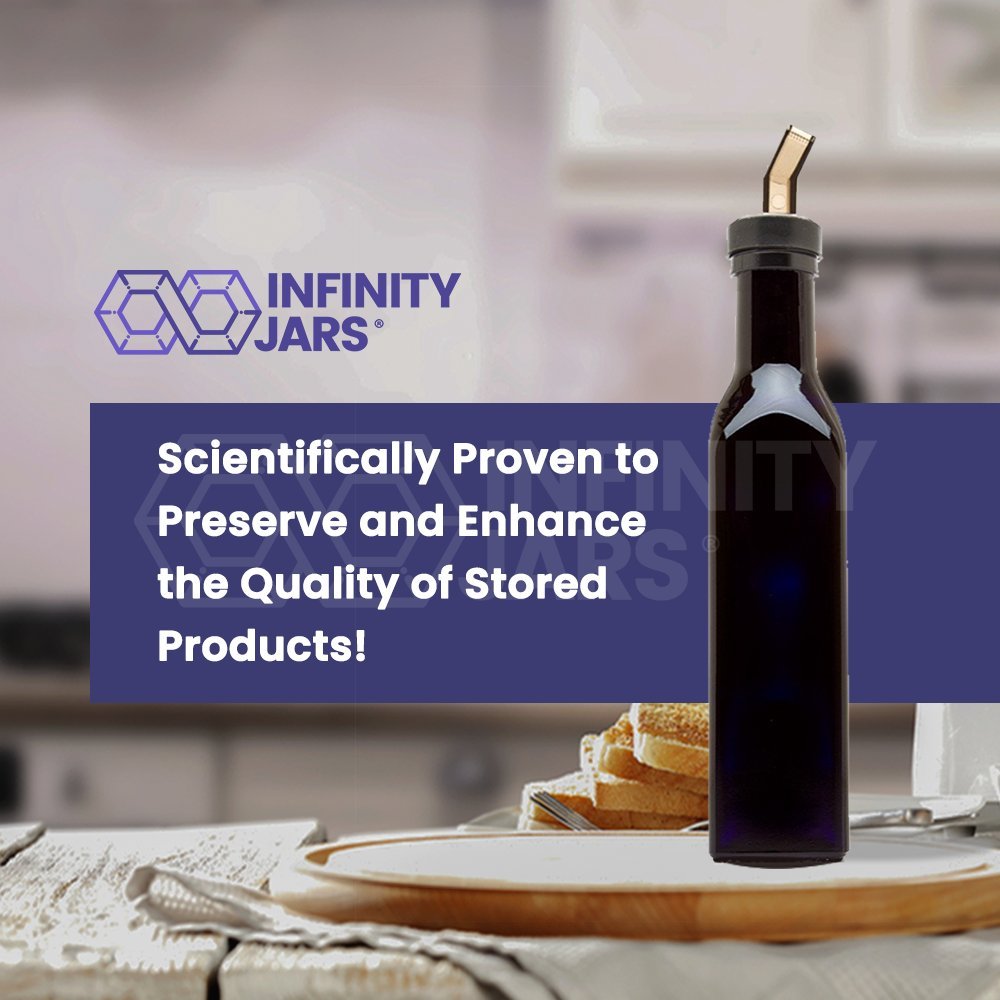 Infinity Jars Black UV-Protective Square Glass Oil Bottle 250ml (8.5oz) with Plastic Pour Spout - Airtight Olive Oil Dispenser for Kitchen, Vinegar Cruet & Cooking Oil Storage - Perfect for Pantry Organization & Gourmet Cooking