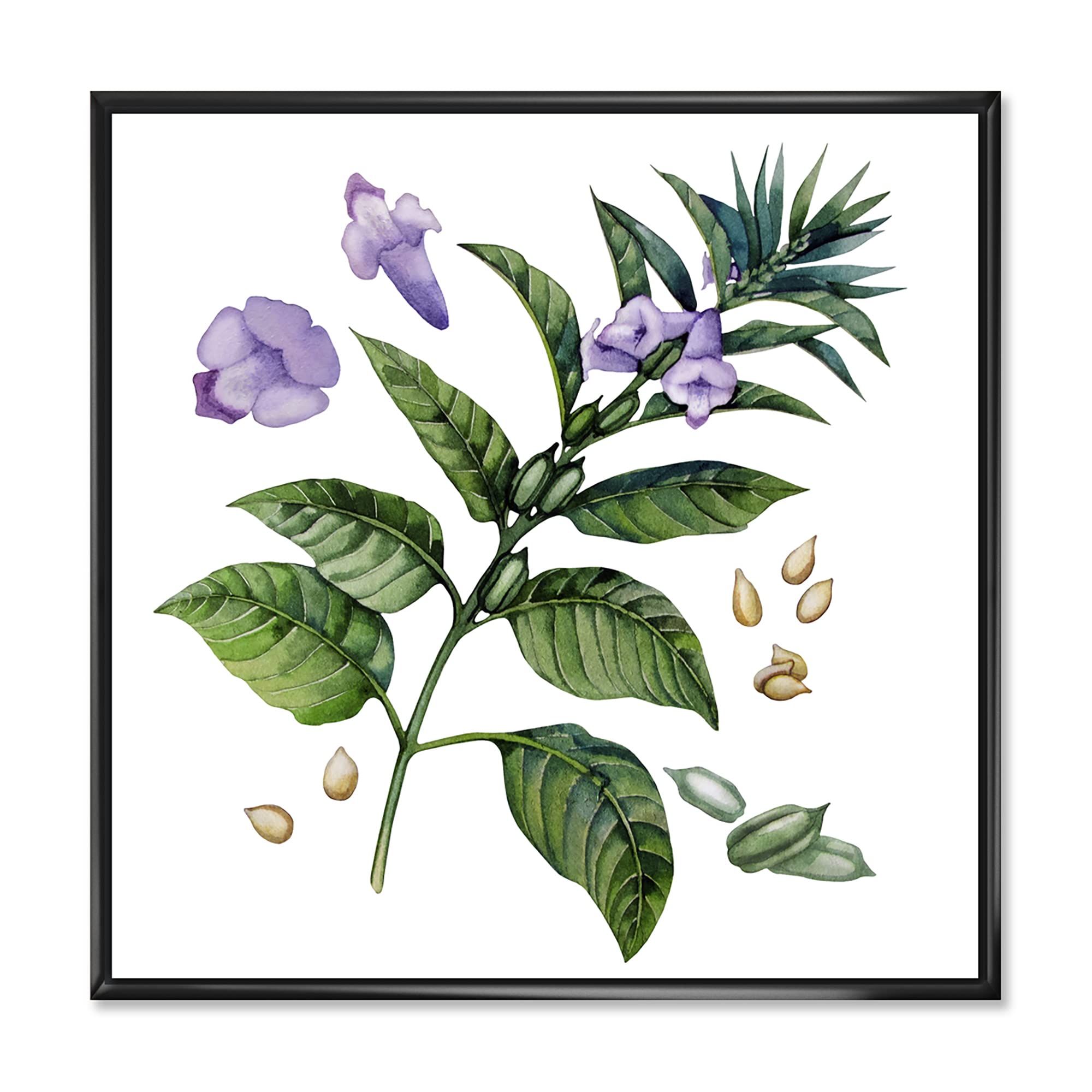 DesignQ Purple Sesame Flowers With Green Leaves - Traditional Framed Canvas Wall Art Print for Home Decor, Living Room, Bedroom & Office | Handmade Floral Painting