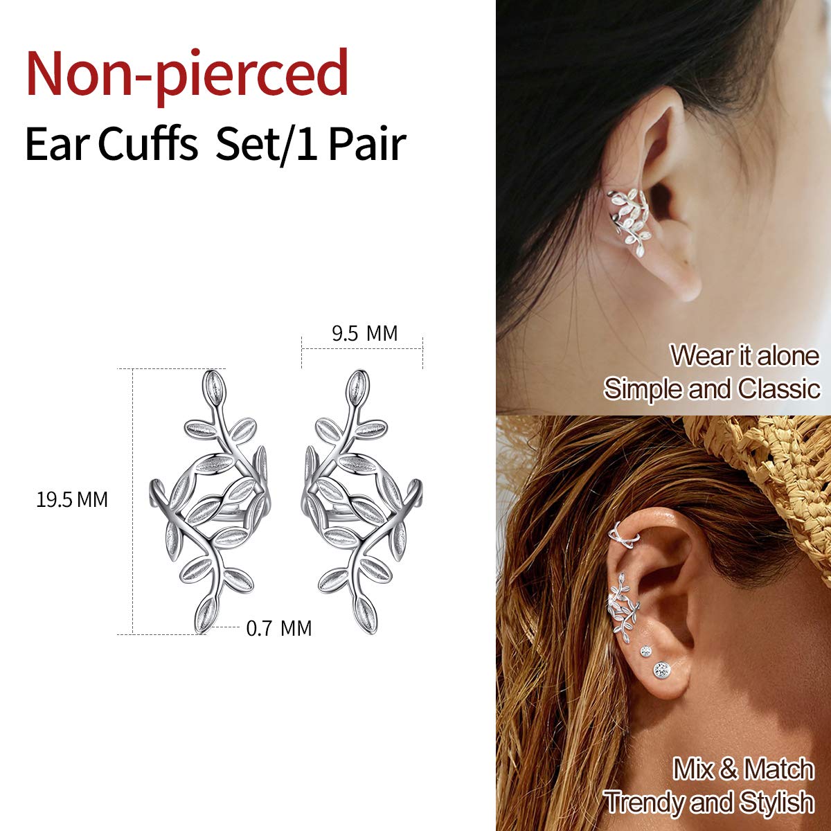 ChicSilver 925 Sterling Silver Non-Piercing Clip-On Cartilage Ear Cuff Earrings for Women - Hypoallergenic Fashion Jewelry with Gift Box - Perfect for Parties, Weddings & Everyday Wear