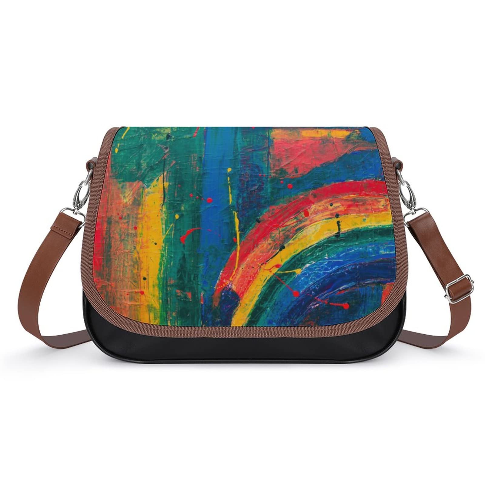 Stylish Women's Crossbody Bag - Genuine Leather Satchel with Artistic Oil Painting Rainbow Print - Perfect for Casual Outings, Travel & Everyday Use