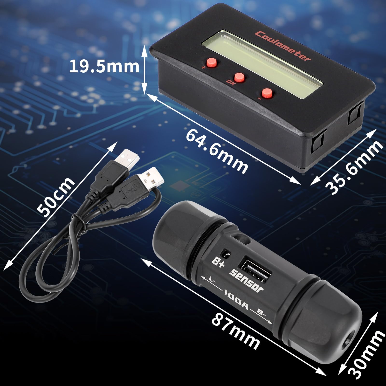 DROK DC Multi Tester 8-120V 100A - Wide Angle Curved Screen Volt Amp Meter with Shunt | Battery Capacity Monitor for 12V 24V 36V 48V 110V | Includes 0.5m USB Cable | Perfect for Marine, Car, RV, Solar & Off-Grid Power Systems