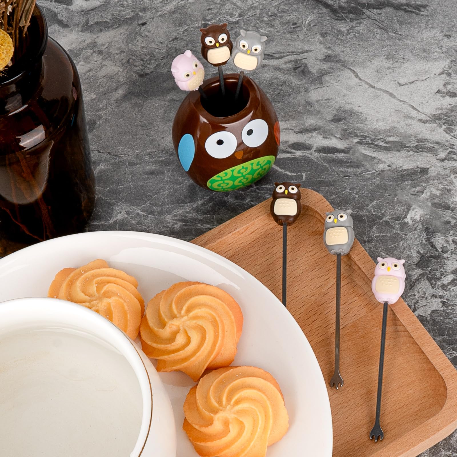 SHIDOW Cute Animal Fruit Forks Set - Stainless Steel Food Picks with Ceramic Owl Holder - Perfect for Party Decorations, Fruit Platters, and Kids Snack Time