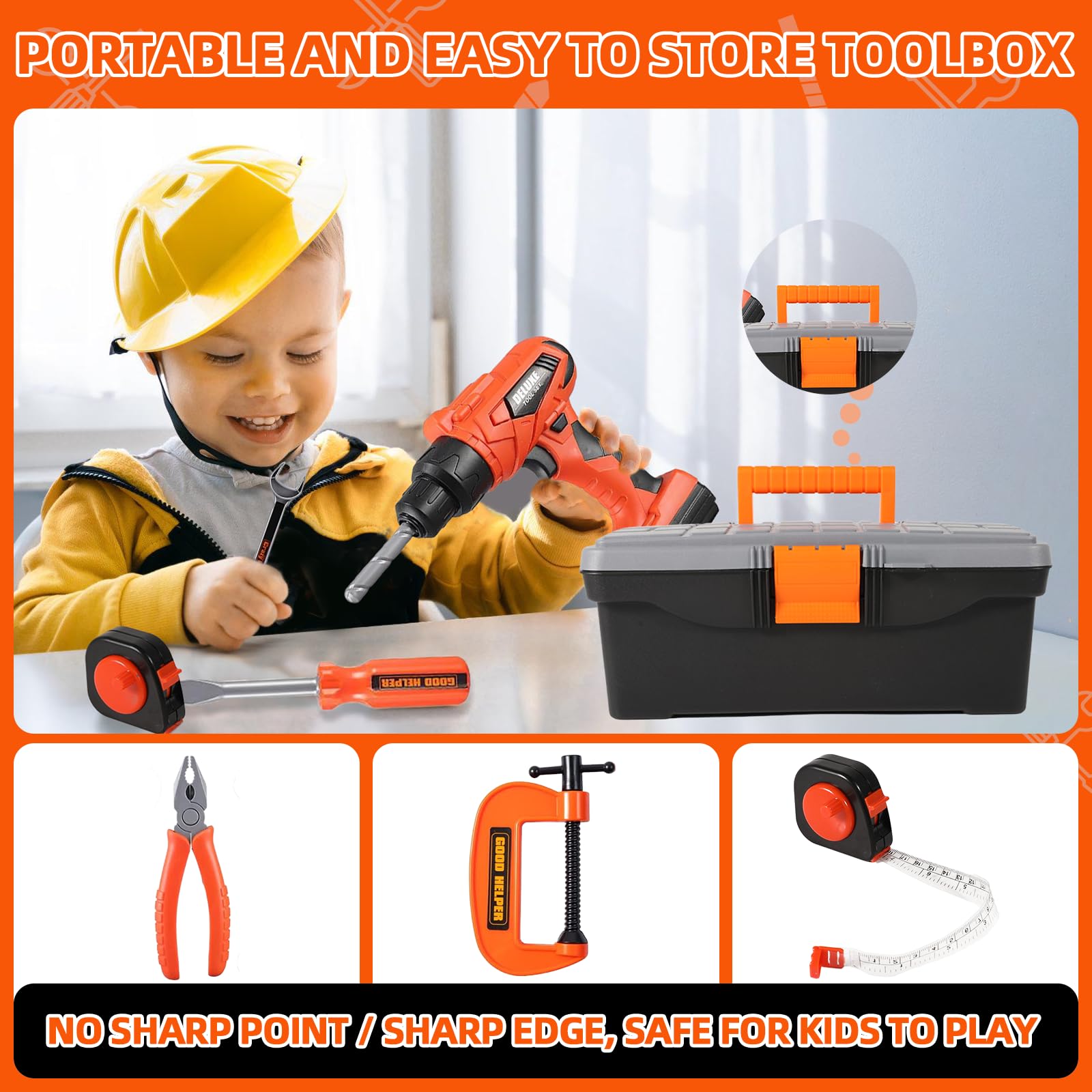 35-Piece Kids Tool Set with Toolbox & Electronic Toy Drill - Pretend Play Construction Toys for Toddlers & Boys Ages 3-8 - Perfect for DIY Projects, Role Play & Early STEM Learning