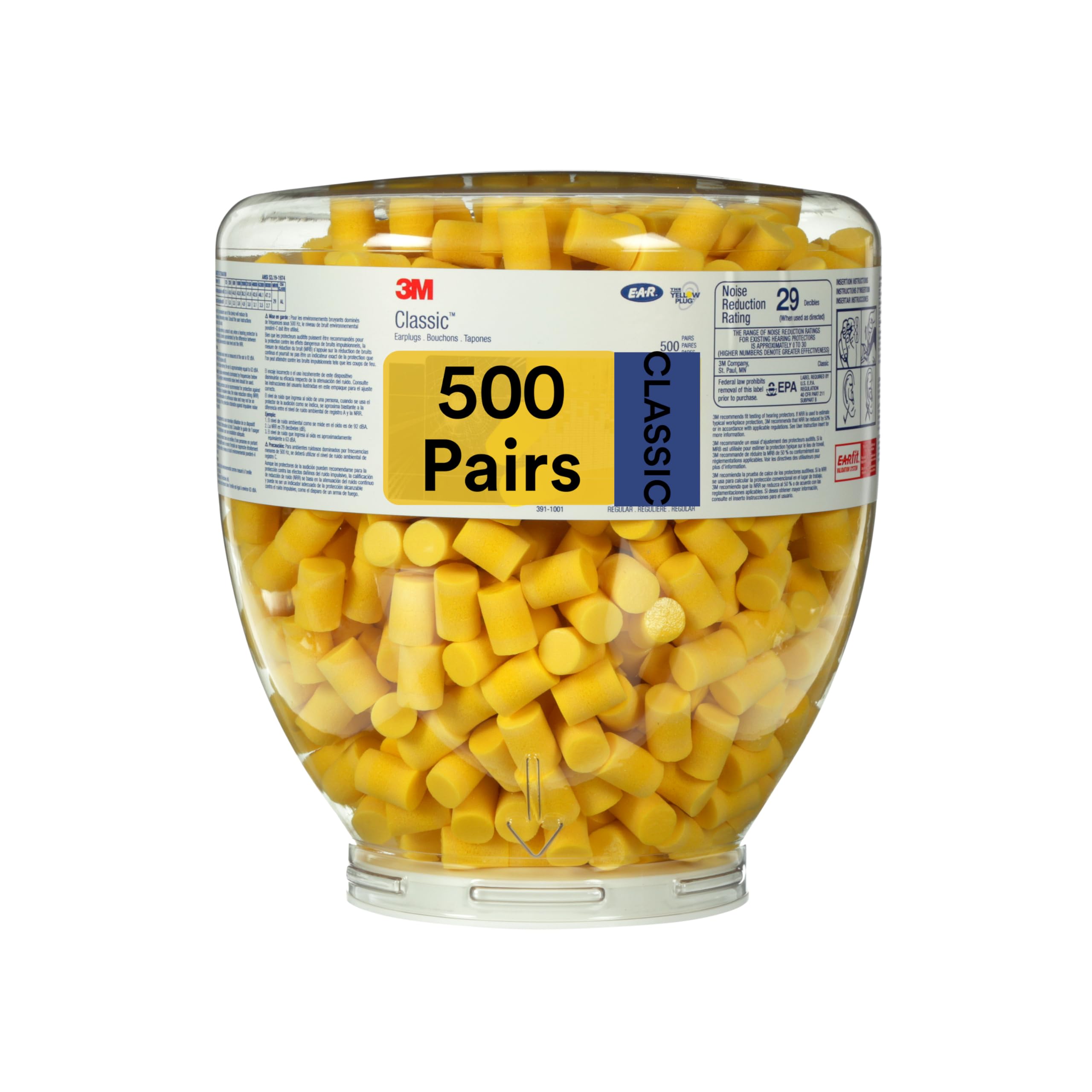 3M E-A-R Classic One Touch Refill 391-1001 Disposable Earplugs - 500 Pairs, Uncorded, 29dB NRR, Foam Ear Protection for Noise Reduction, Regular Size, Roll Down, ANSI/ASA S12.71-2018 Certified - Ideal for Construction, Concerts, Shooting Ranges & Sleeping