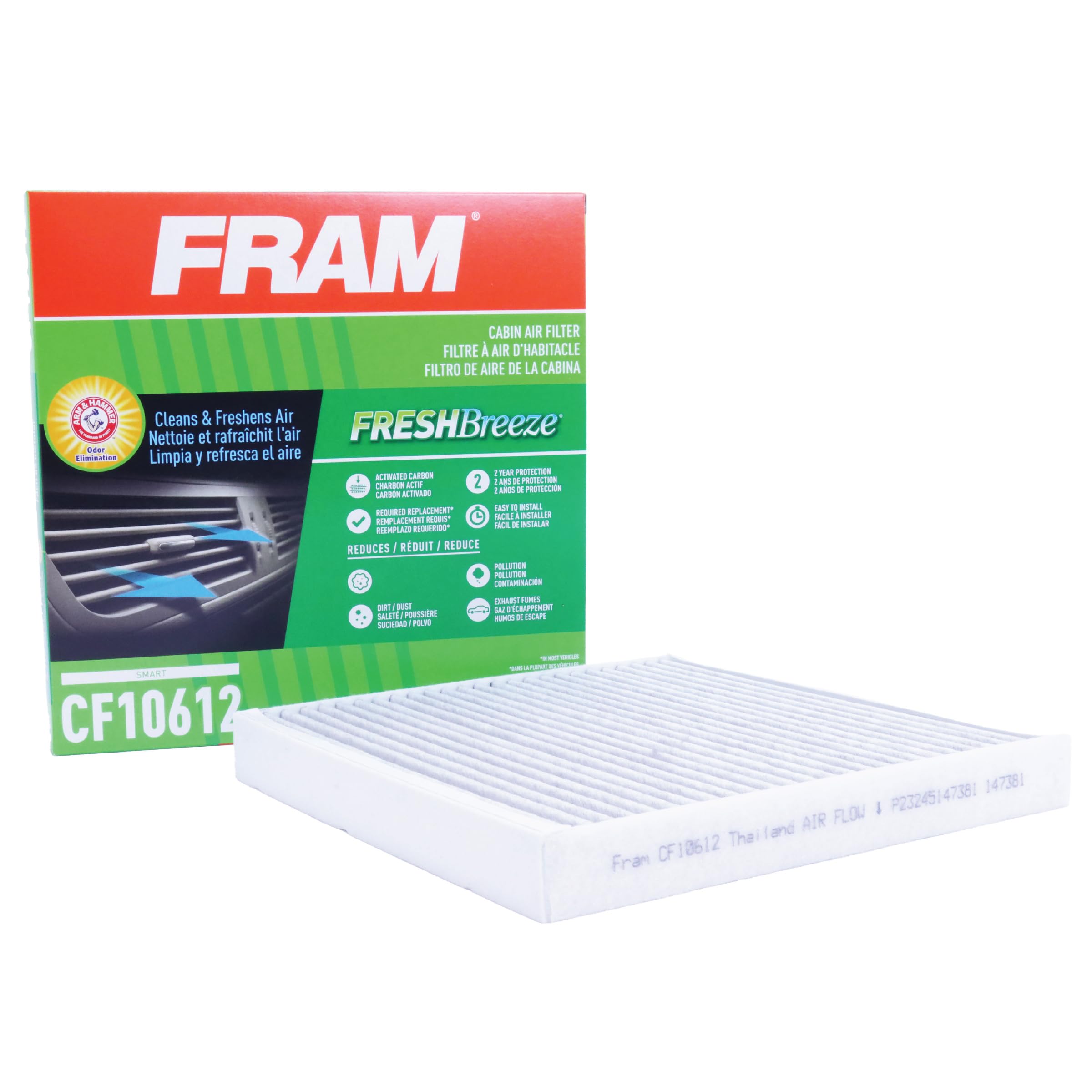 FRAM Fresh Breeze Cabin Air Filter Replacement with Arm & Hammer Baking Soda - CF10612 for Select Smart Vehicles | Easy Installation, Odor Elimination & Improved Airflow | Perfect for City Driving & Allergy Season