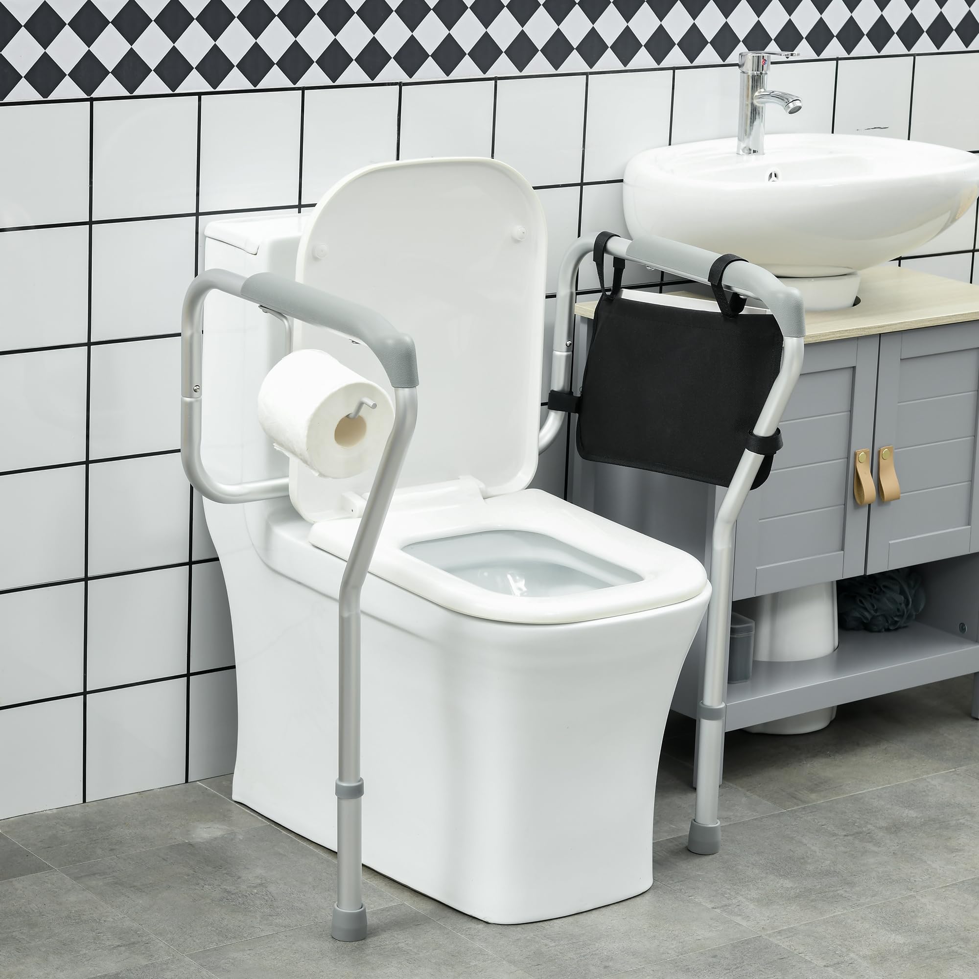 Adjustable Toilet Safety Rail for Elderly - 300lbs Capacity, Height & Width Adjustable with Padded Arms & Storage Pocket - Assist Grab Bar for Seniors - Easy Installation - Ideal for Bathroom Safety & Mobility Support
