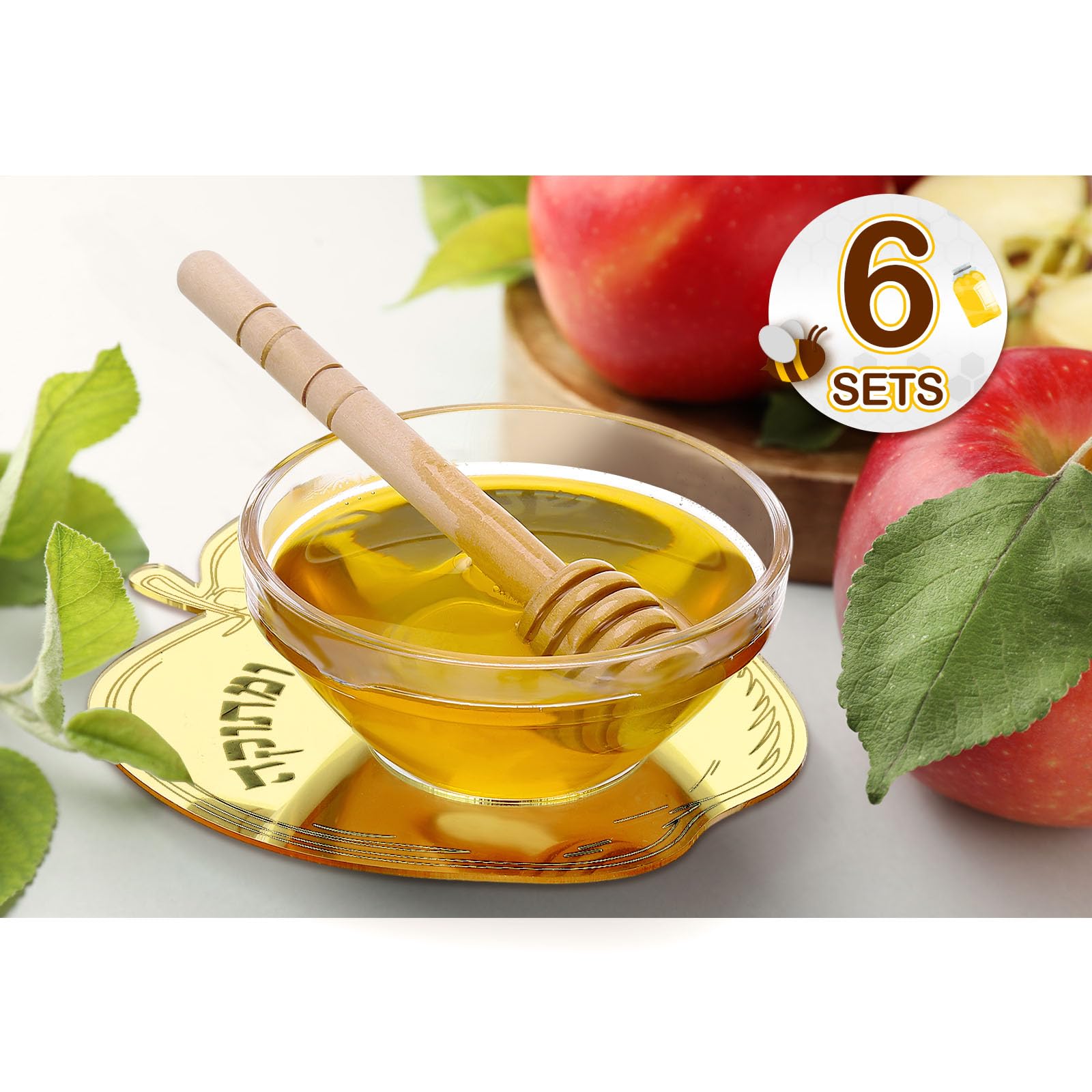 6 Sets Acrylic Apple Honey Dish with Dipping Spoon - Rosh Hashanah Jewish New Year Decoration for Holiday Gifts & Party Favors (Gold) - Perfect for Festive Celebrations, Home Decor, and Sweet Traditions