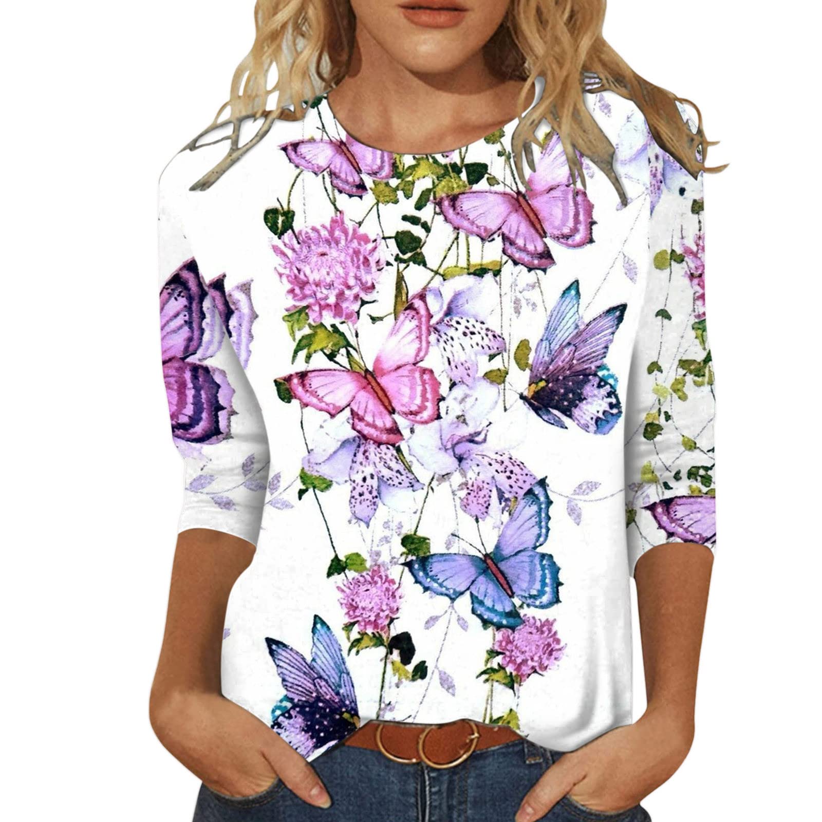 Stylish Women's Floral Graphic T-Shirts - Round Neck 3/4 Sleeve Casual Tops for Summer, Beach & Everyday Wear | Fashionable Aesthetic Blouses