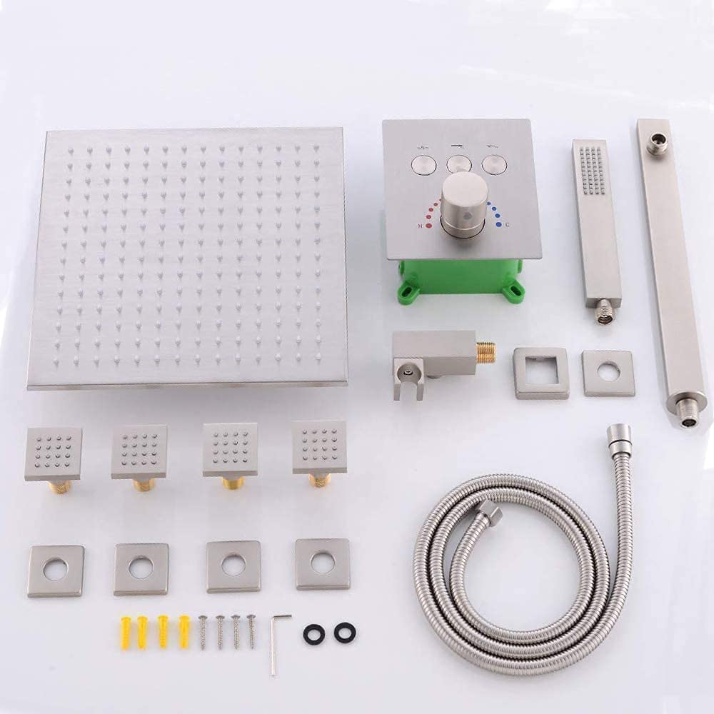 AYIVG Brushed Nickel Thermostatic Shower System - 12 Inch LED Rainfall Shower Head with 4 Body Spray Jets, Wall Mount Faucet Set for Simultaneous Multi-Function Use | Perfect for Luxurious Spa-Like Experience in Modern Bathrooms