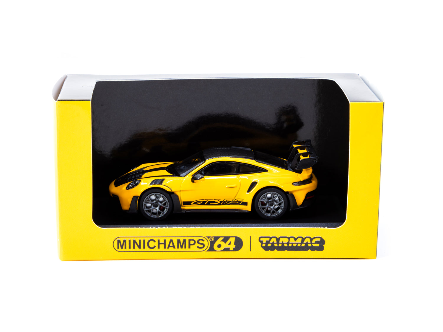 Minichamps X Tarmac Works 1/64 Scale Porsche 911 GT3 RS Diecast Model Car in Signal Yellow - COLLAB64 Series for Collectors & Racing Enthusiasts - Perfect for Display, Gifts, and Model Car Racing Scenes