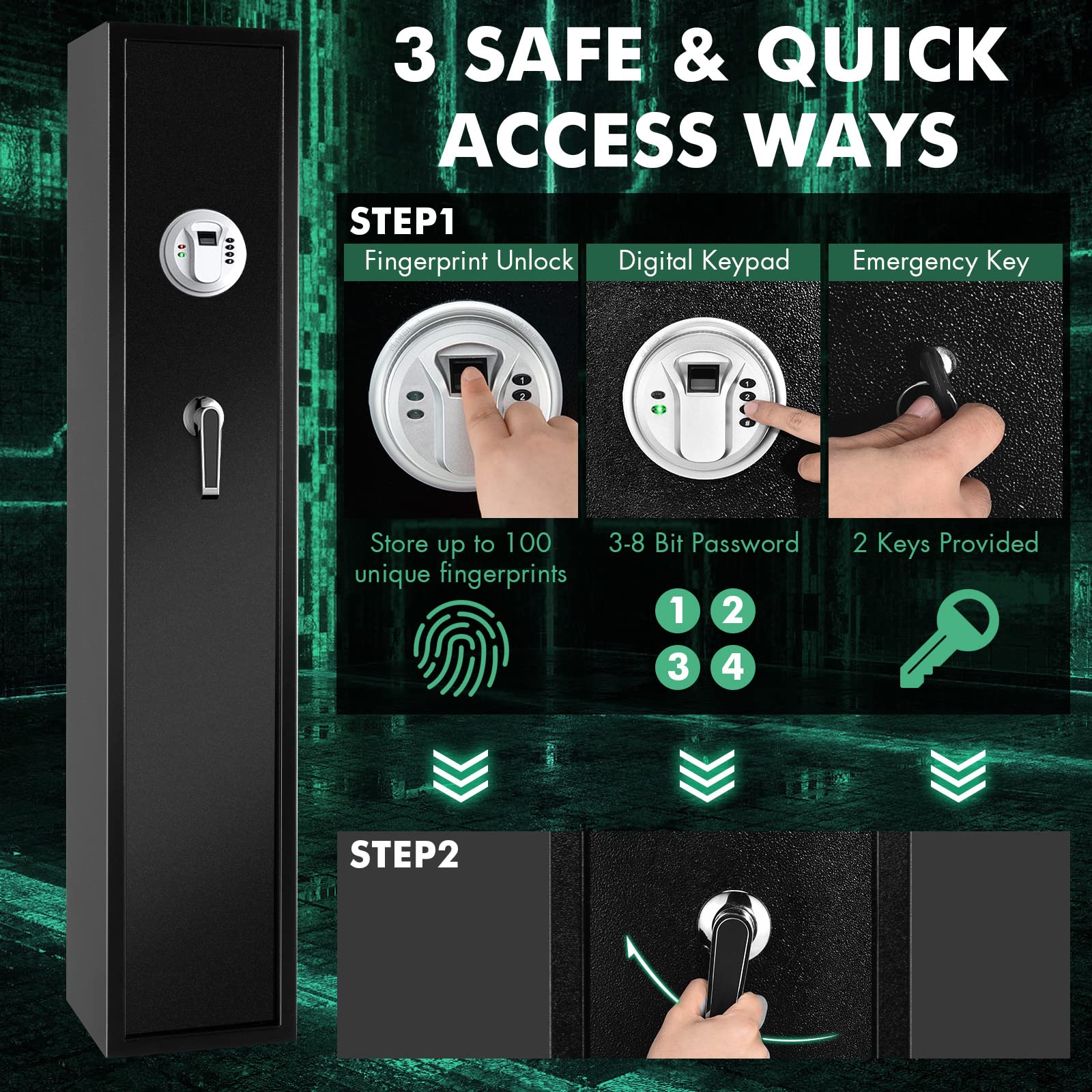 SAFSTAR Electronic Gun Safe - Digital Keypad & Key Entry, 3 Access Ways, Alarm System - Secure Rifle & Pistol Storage for Home, Office, or Vehicle Use