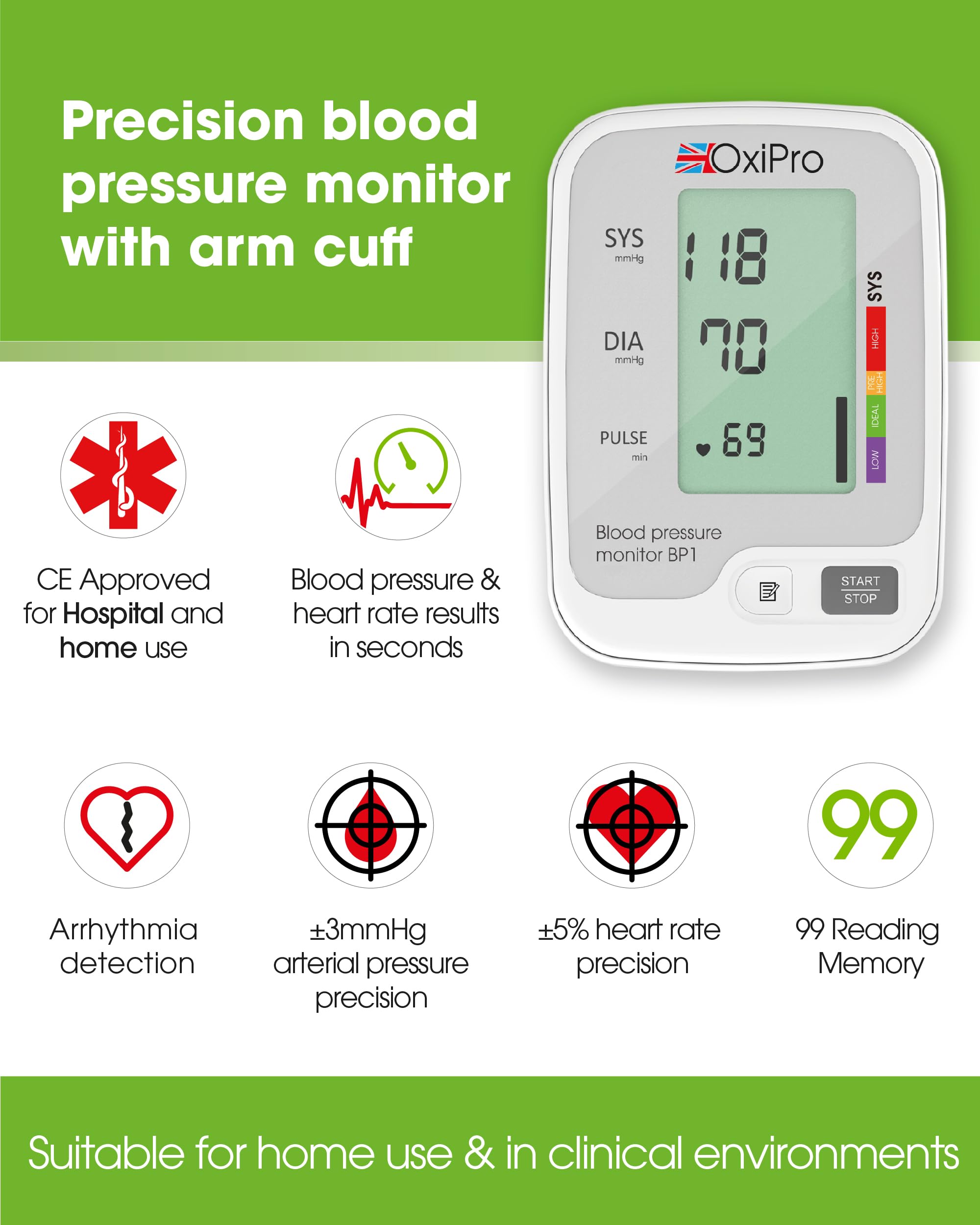 OxiPro BP1 Blood Pressure Monitor - CE Certified for Home Use