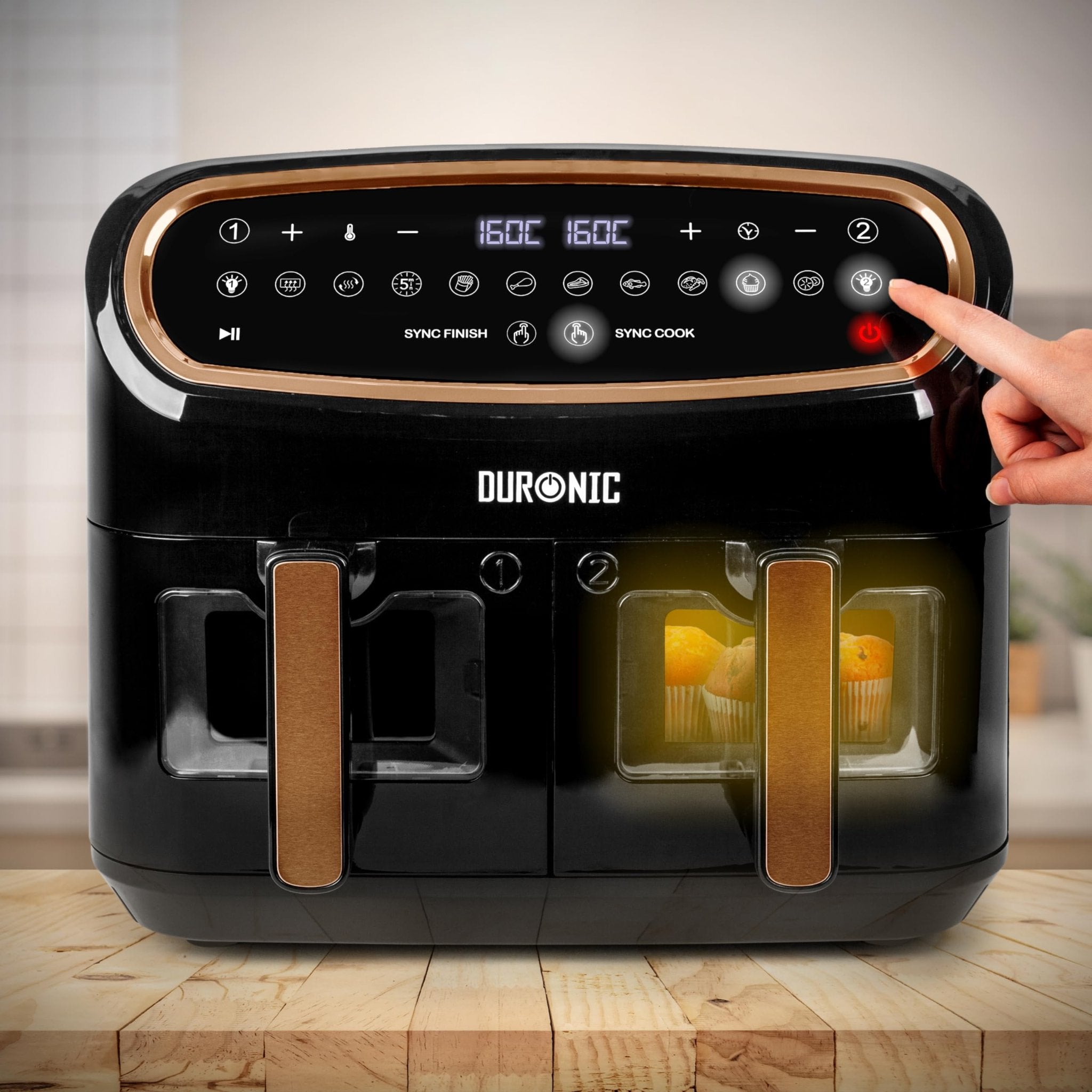 Duronic AF34 BG 10L Digital Air Fryer with Visual Window - Dual Zone, 10-in-1 Large Capacity Air Fryer for Family | Oil-Free Cooking, Roasting, Baking | Dishwasher Safe Non-Stick Baskets (Black & Gold) | Perfect for Healthy Meals, Snacks & Family Dinners