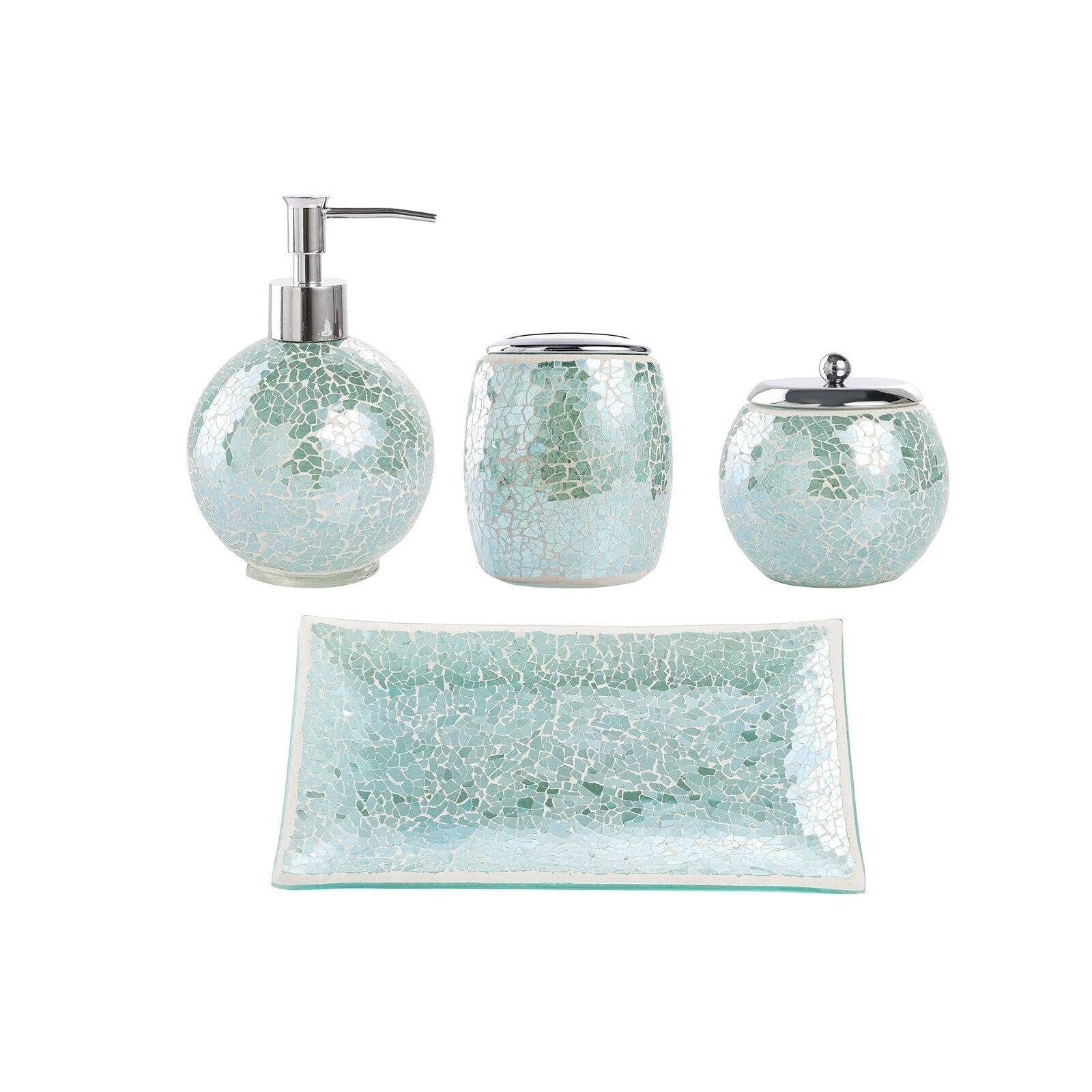 4-Piece Glass Mosaic Bathroom Accessories Set - Soap Dispenser & Toothbrush Holder Organizer | Modern Bathroom Decor & Storage Solution for Home, Hotel, or Spa Use