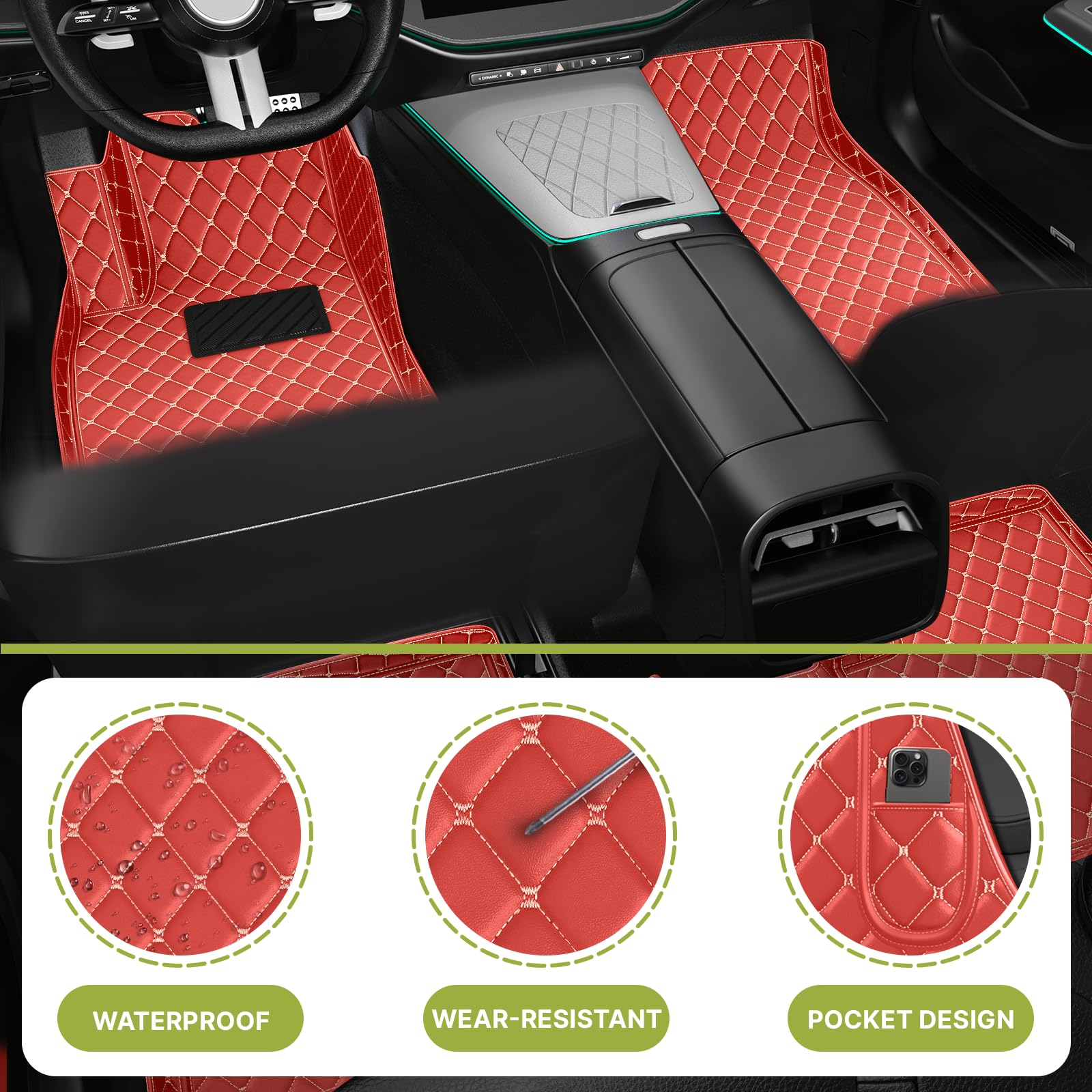 Premium All-Weather Custom Fit Floor Mats for Tesla Model 3 (2017-2022) - Non-Slip Leather Car Floor Liners - Perfect for Winter, Rain & Daily Protection (2020 Model/Red)