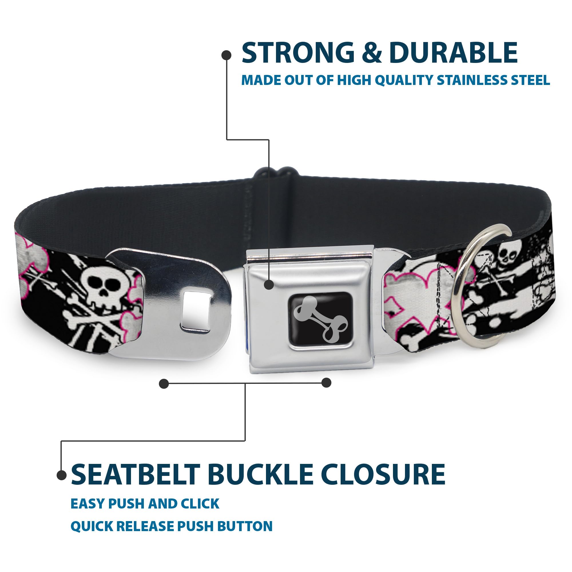 Buckle-Down Seatbelt Buckle Dog Collar - Skull & Crossbones Design with Black/White Splatter - 1.5
