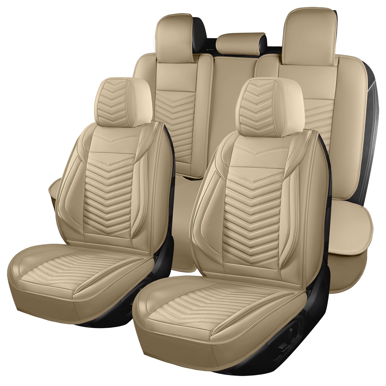 Breathable Waterproof Leather Car Seat Covers - 5-Piece Full Set for SUV, Pickup Truck & Sedan | Anti-Slip Design with Backrest | Premium Beige Style1 | Perfect for Daily Commute, Road Trips & Family Travel