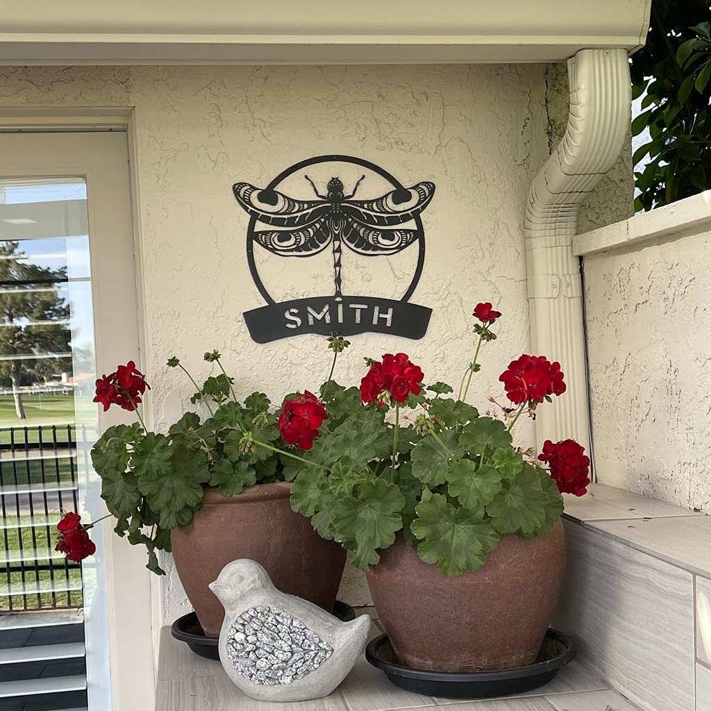 RealSteel Personalized Dragonfly Monogram Metal Wall Art - Custom Outdoor & Indoor Home Decor with Intricate Design - Hanging Garden & Patio Decoration in Black - Perfect for Living Room, Bedroom, Porch and Wedding Gift
