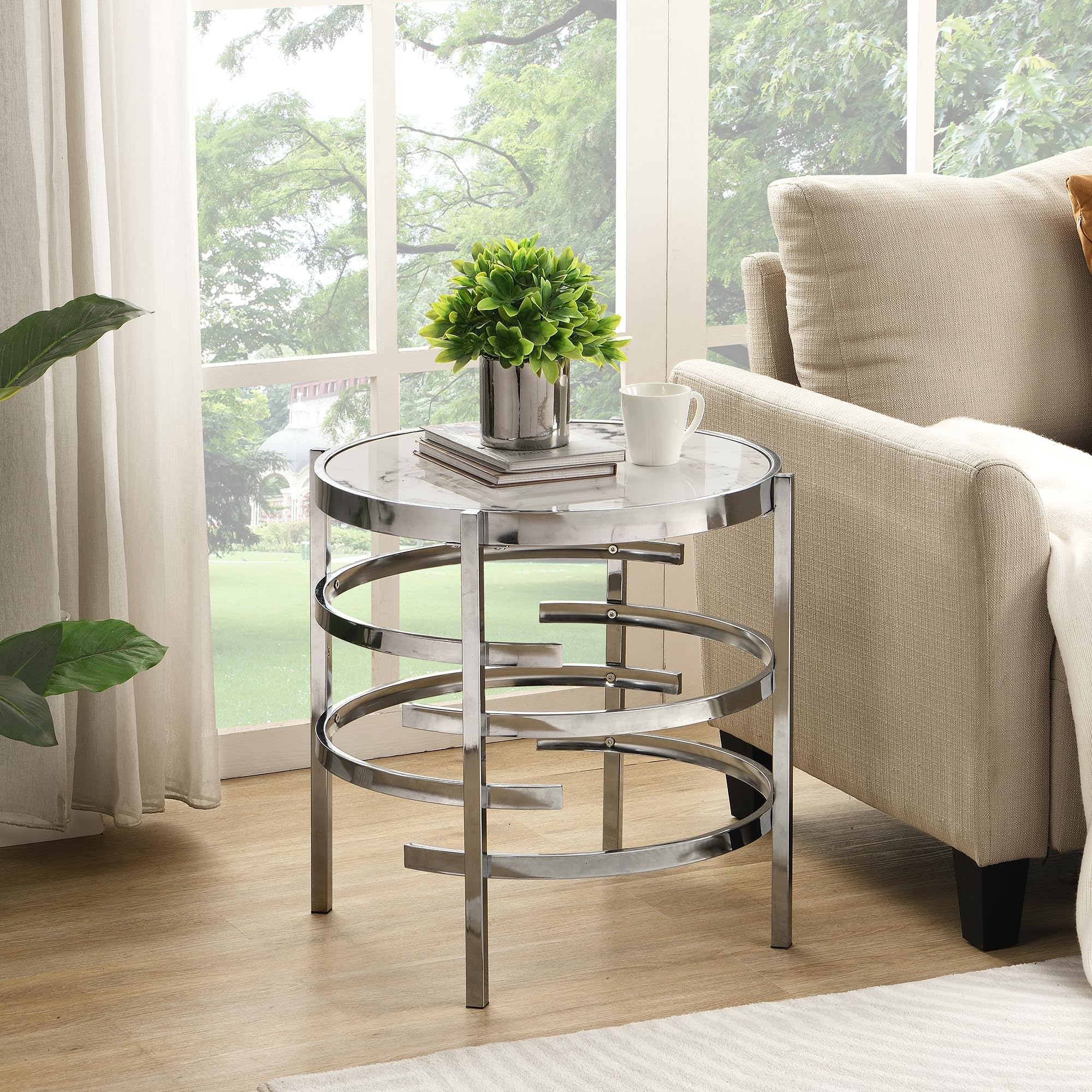 Modern Round Coffee Table & End Table Set of 3 - Silver Chrome Metal Frame with Marble Top - Contemporary Living Room Furniture for Sofa, Lounge & Home Office - Perfect for Small Spaces & Entertaining Guests