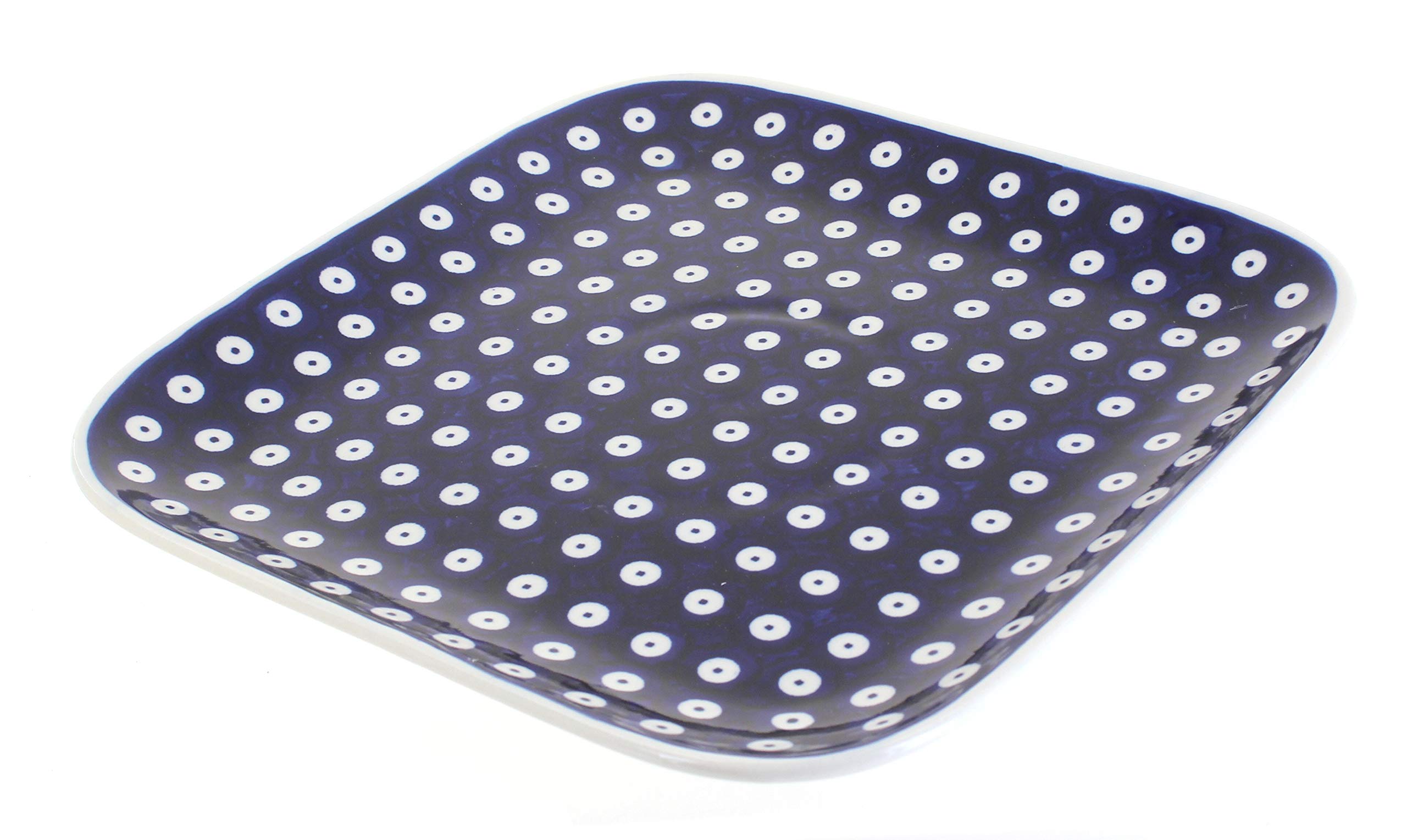 Handmade Blue Rose Polish Pottery Large Square Plate with Dots - Perfect for Dining, Serving & Home Decor
