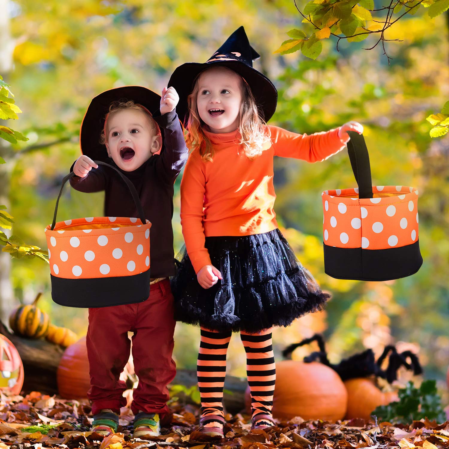 Halloween Candy Bags - Orange & Black Polka Dot Tote Bags for Trick or Treat, Halloween Party Favors & Supplies - Perfect for Kids Halloween Parties, Trick-or-Treating & Halloween Decorations