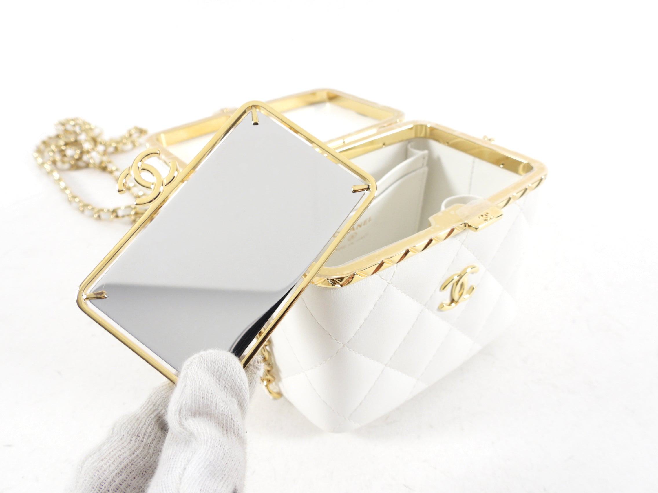 Chanel 22S White Lambskin Quilted Mini Box Chain Vanity Bag - Luxury Designer Crossbody Purse for Women, Perfect for Parties, Date Nights & Special Occasions