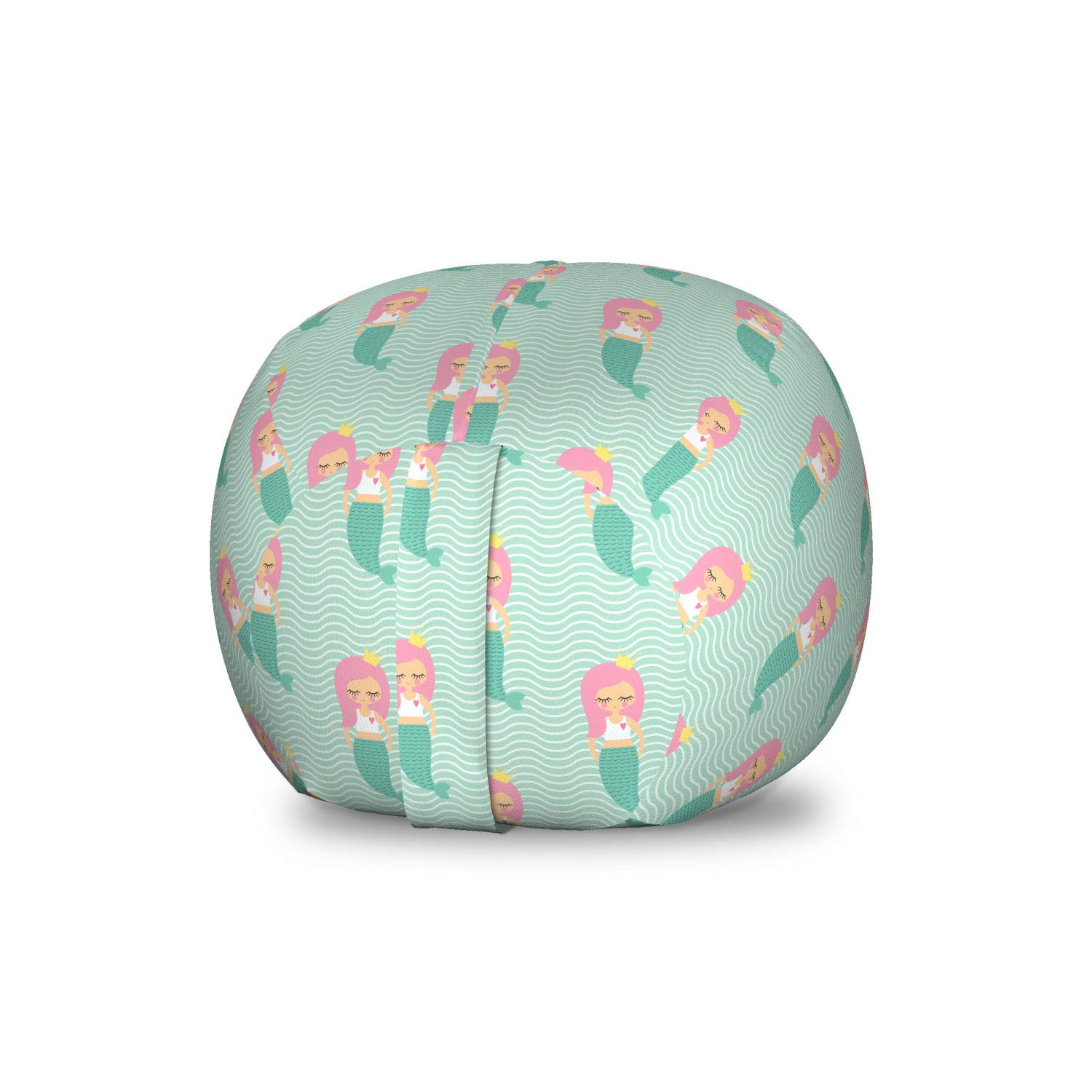 Lunarable Mermaid Toy Storage Bag Chair - Pink Haired Cartoon Mermaid with Crown, Washable Stuffed Animal Organizer for Kids Room, Small Size Mint Green - Perfect for Bedroom, Playroom & Nursery Organization