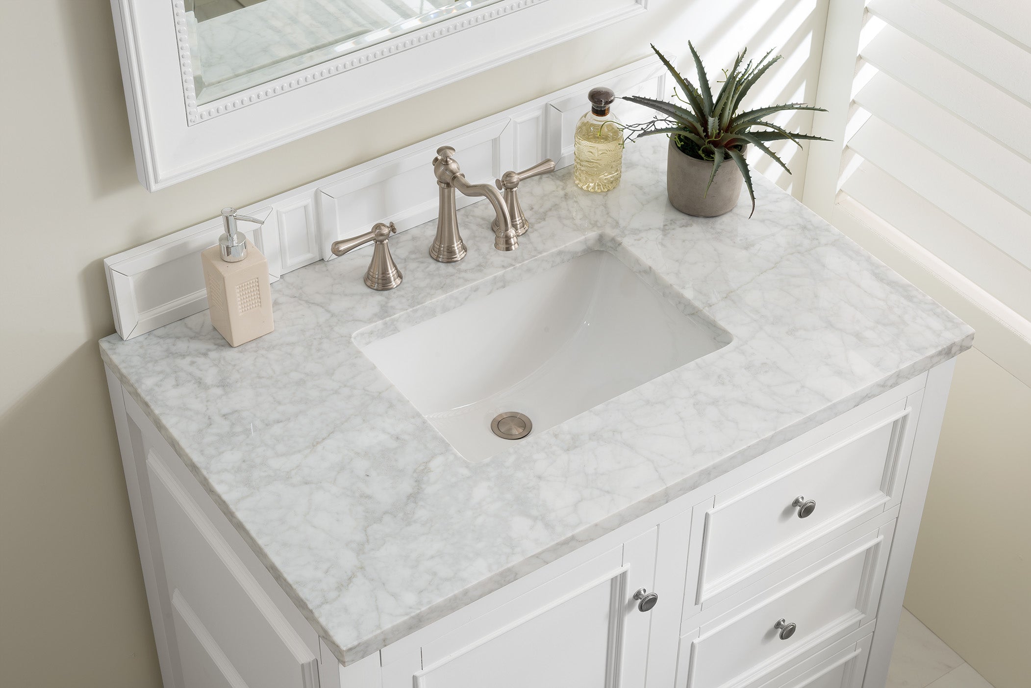 De Soto 36 Inch Single Bathroom Vanity Set with Bright White Finish & 3CM Carrara Marble Top - Perfect for Modern Master Bathroom or Powder Room Renovation
