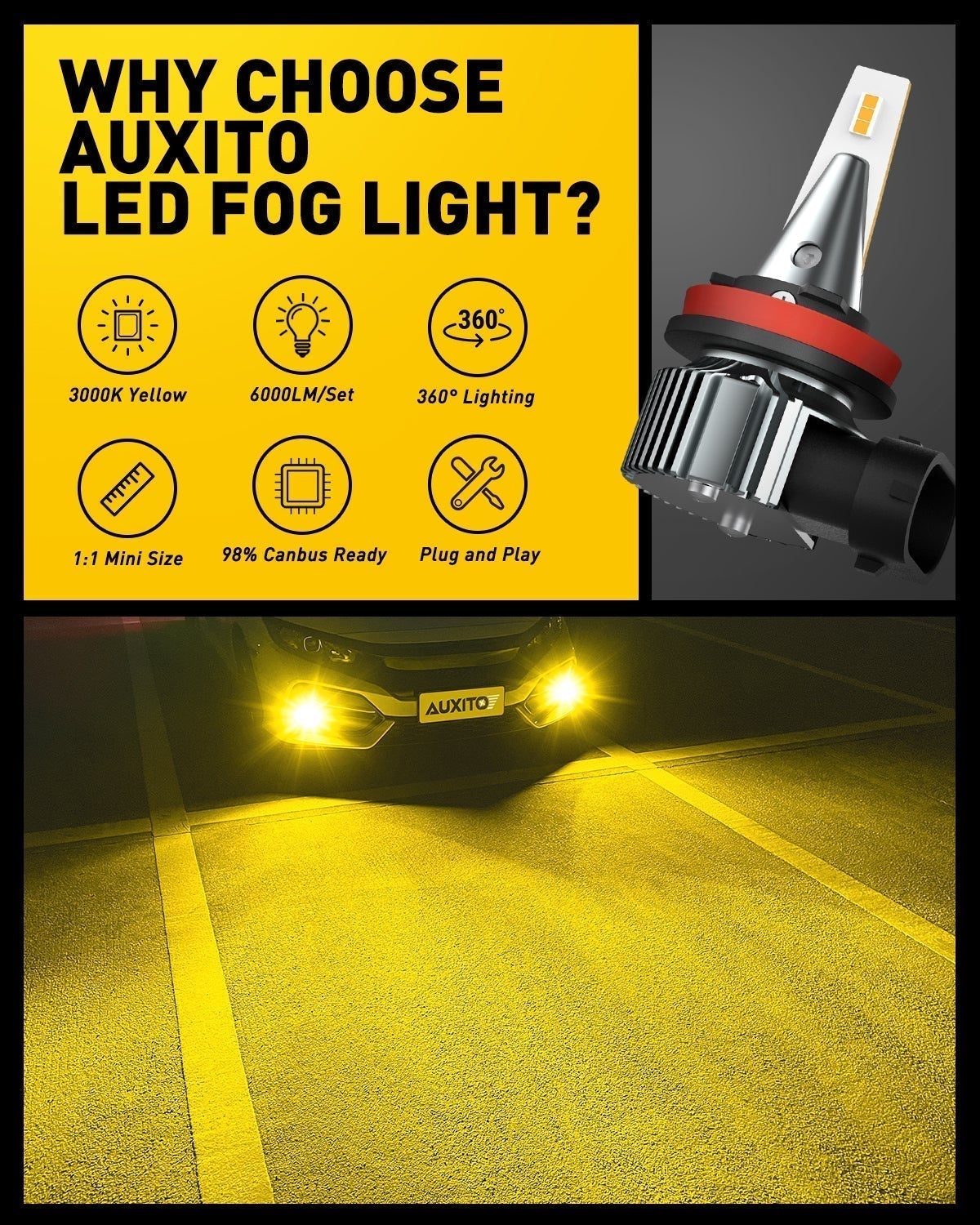 H11 H8 H9 H16 LED Fog Light Bulbs - 3000K Golden Yellow Super Bright CSP Chip Lights for Enhanced Visibility in Rain & Fog - Perfect for Trucks, SUVs & Off-Road Vehicles