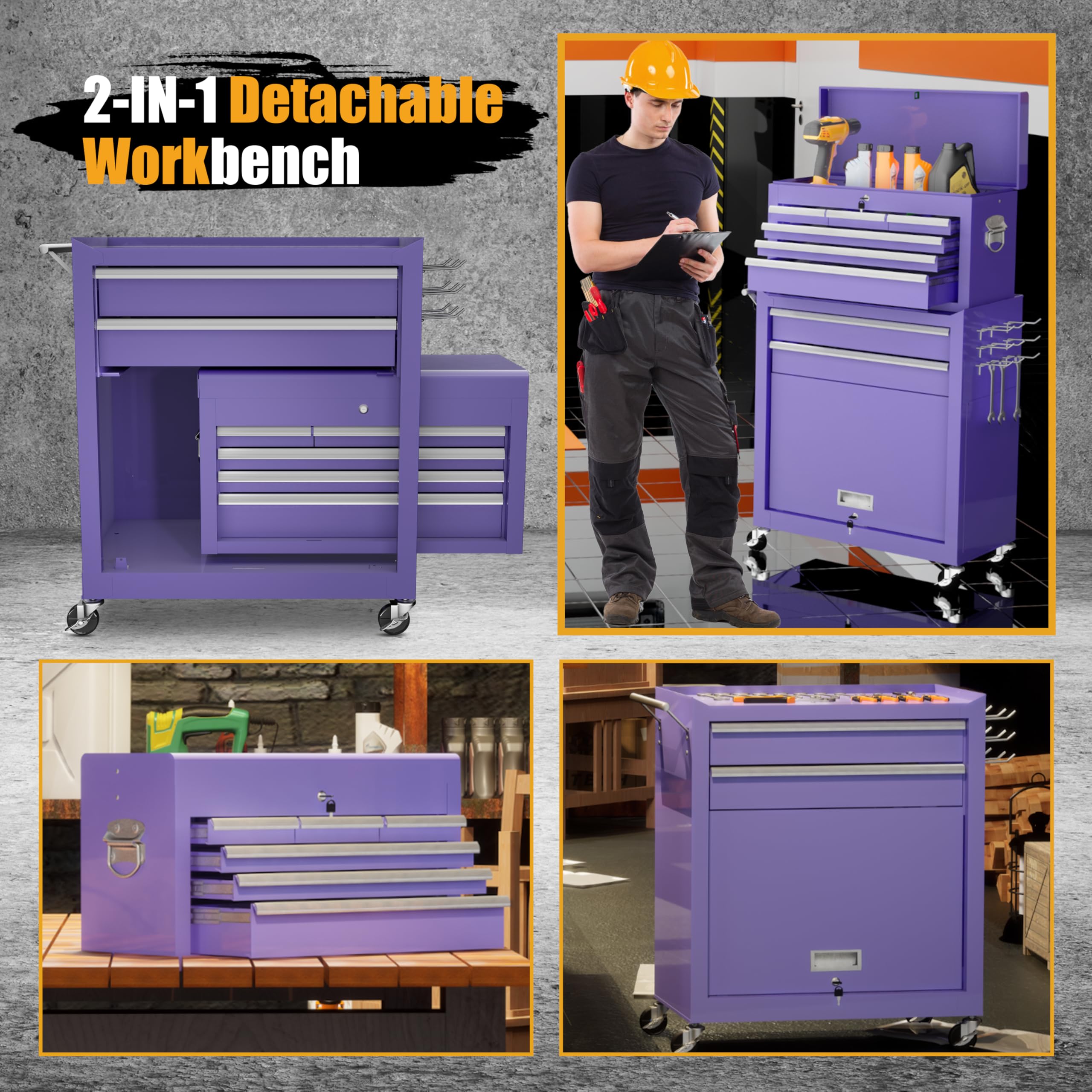 8-Drawer Rolling Tool Chest with Wheels - Detachable Metal Tool Cabinet with Locking Top Tool Box for Garage, Workshop & Auto Repair | Heavy-Duty Storage for Tools & Equipment (Purple)