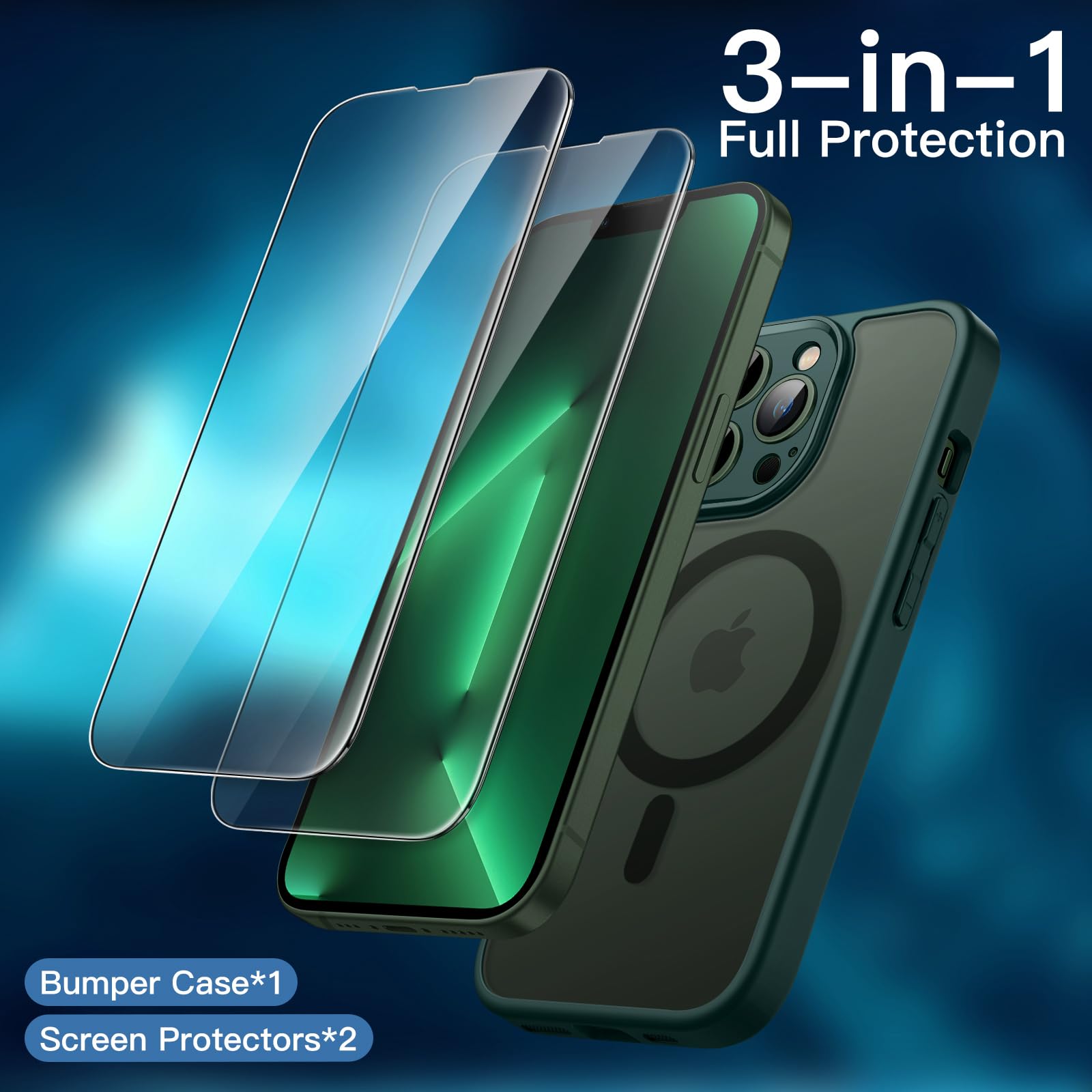 JETech 3 in 1 Magnetic Case for iPhone 13 Pro 6.1-Inch | 2-Pack Tempered Glass Screen Protector | MagSafe Compatible | Translucent Matte Shockproof Cover (Dark Green) - Perfect for Work, Travel & Everyday Protection