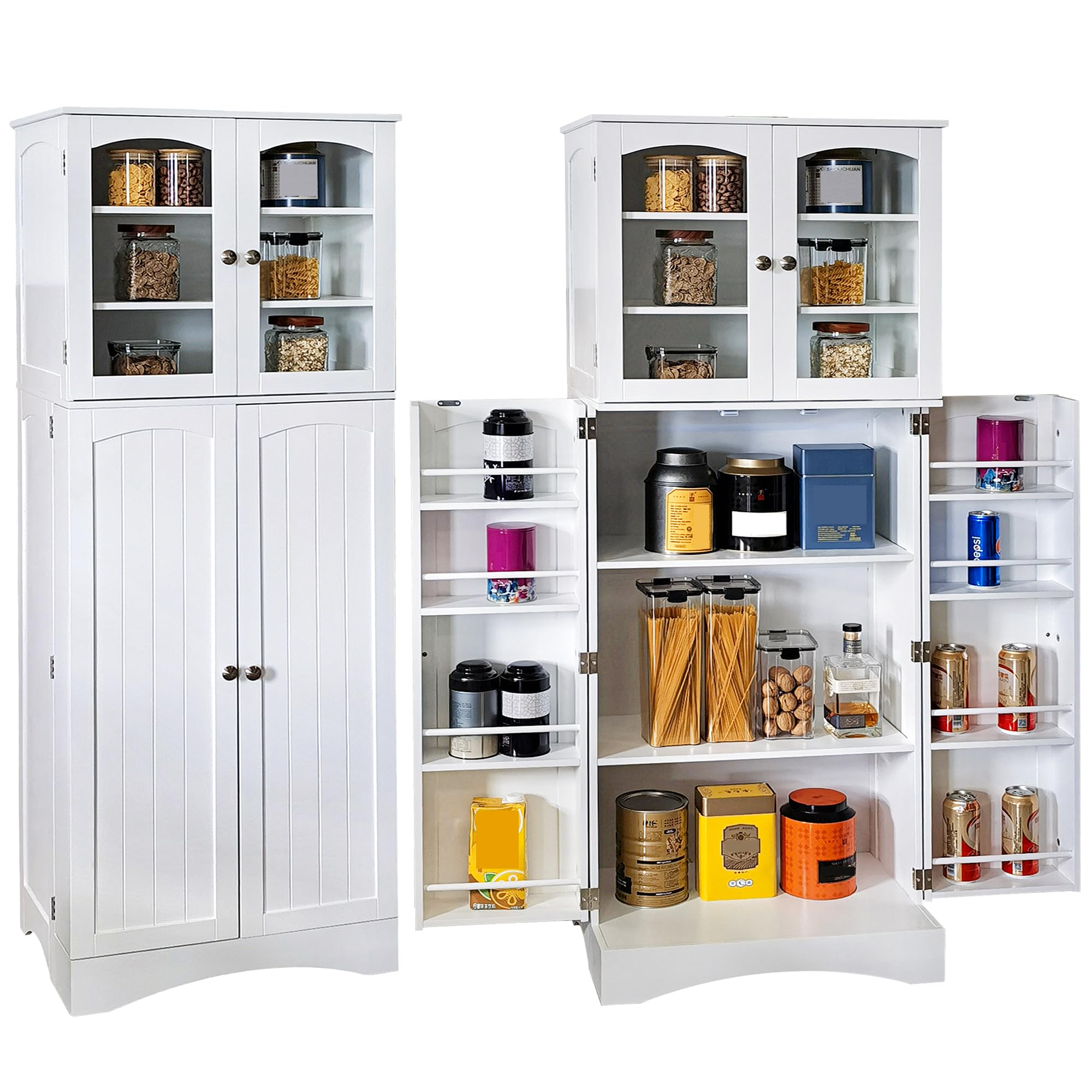 White Kitchen Pantry Cabinet with Glass Doors & Adjustable Shelves - Freestanding Tall Food Storage Cabinet for Kitchen, Living Room, Dining Room - Perfect for Organizing Dry Goods, Dishes & Home Decor