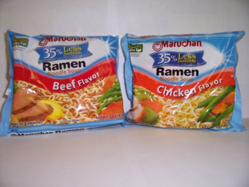 Maruchan Low Sodium Ramen Noodles Variety Pack - 3oz Chicken & Beef Flavors (24 Pack) | Quick & Easy Meal for College Students, Office Lunch & Emergency Food Supply