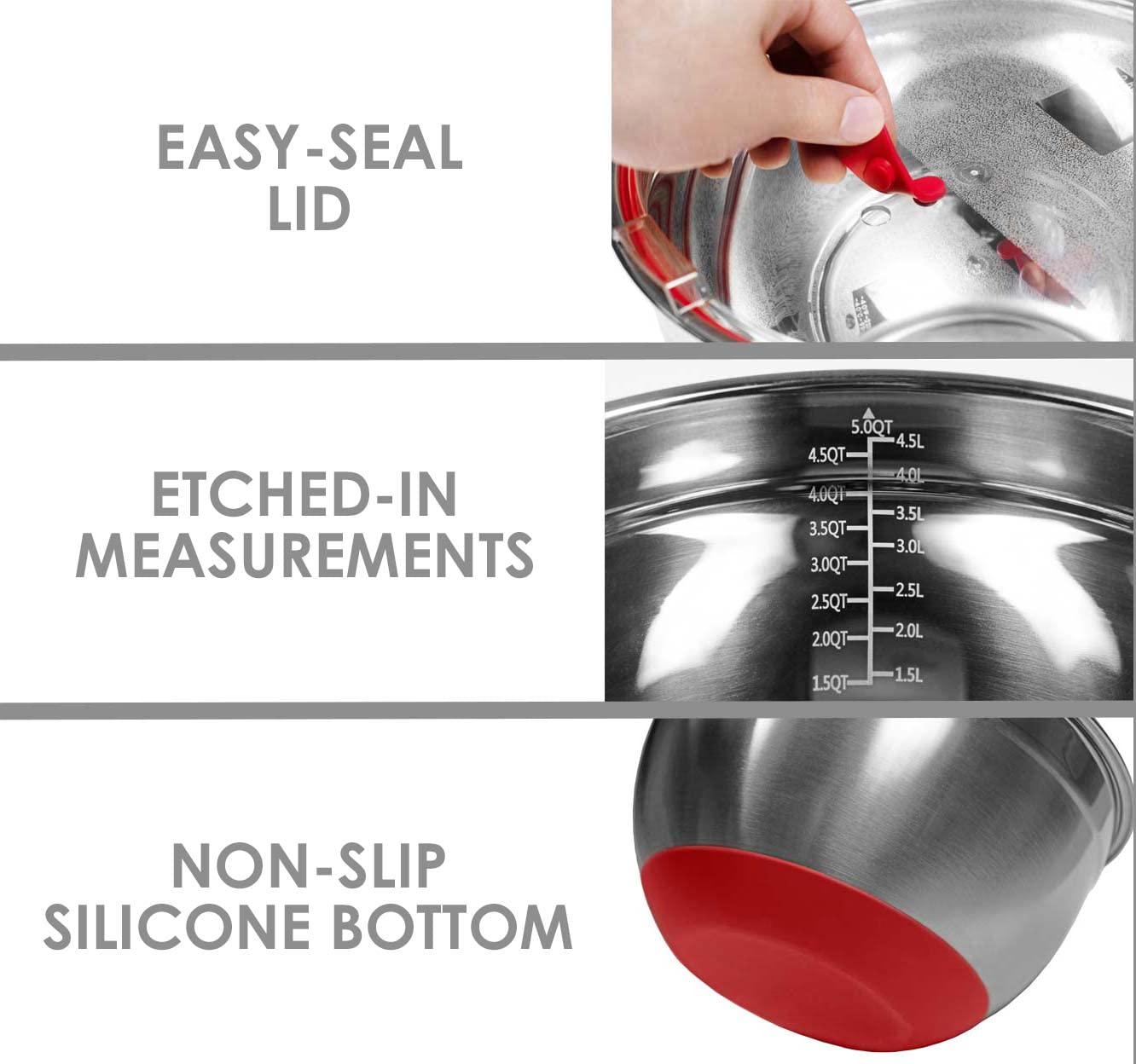Premium 10-Piece Stainless Steel Mixing Bowl Set for Baking, Cooking & Mixing - Durable & Non-Slip (Grey & Red) - Ideal for Home Kitchen, Meal Prep & Professional Baking