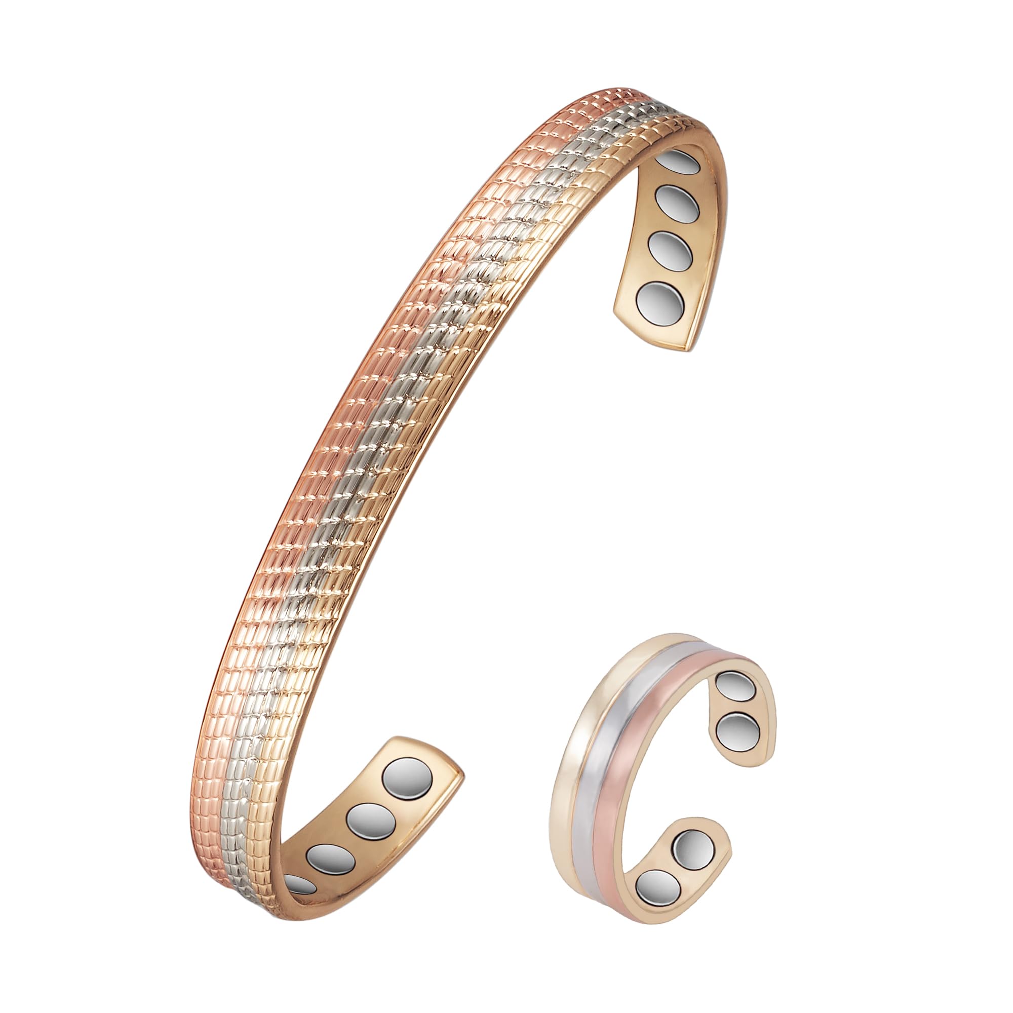 Women's Copper Bracelets Set - Adjustable Cuff Bangles, Copper Rings & Tricolor Gold Magnetic Bracelet | Pure Solid Copper Jewelry for Arthritis Relief, Fashion Accessories & Gift Giving