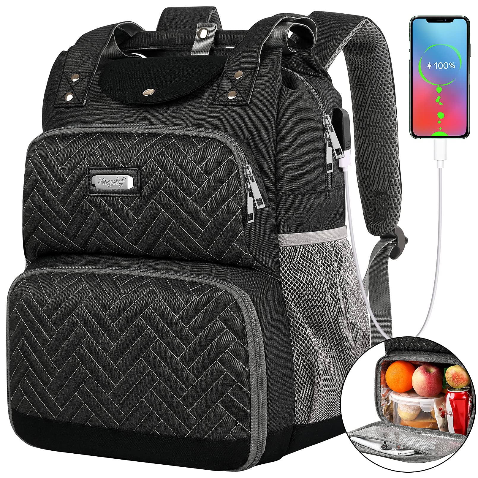 Mogplof Insulated Lunch Backpack for Women - 15.6 Inch Water-Resistant Laptop Lunch Bag with USB Charging Port & RFID Pockets - Perfect for Work, School, Picnic & Travel