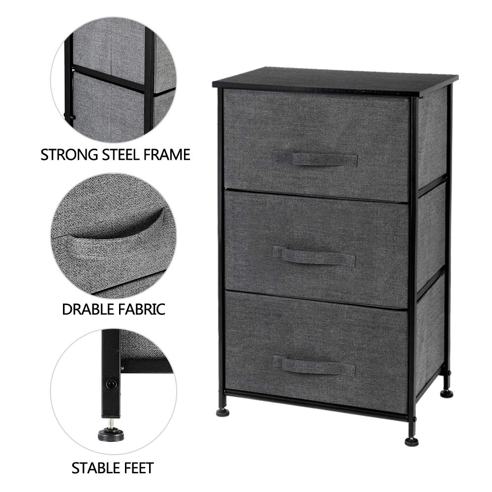 Modern Nightstand with 3 Fabric Drawers - Wood Top Bedside Table with Storage Bins, Lightweight Accent Furniture for Bedroom, Nursery, Hallway & Entryway - Space-Saving Organization Solution (Grey) - Perfect for Small Spaces, Apartment Living & Closet Storage