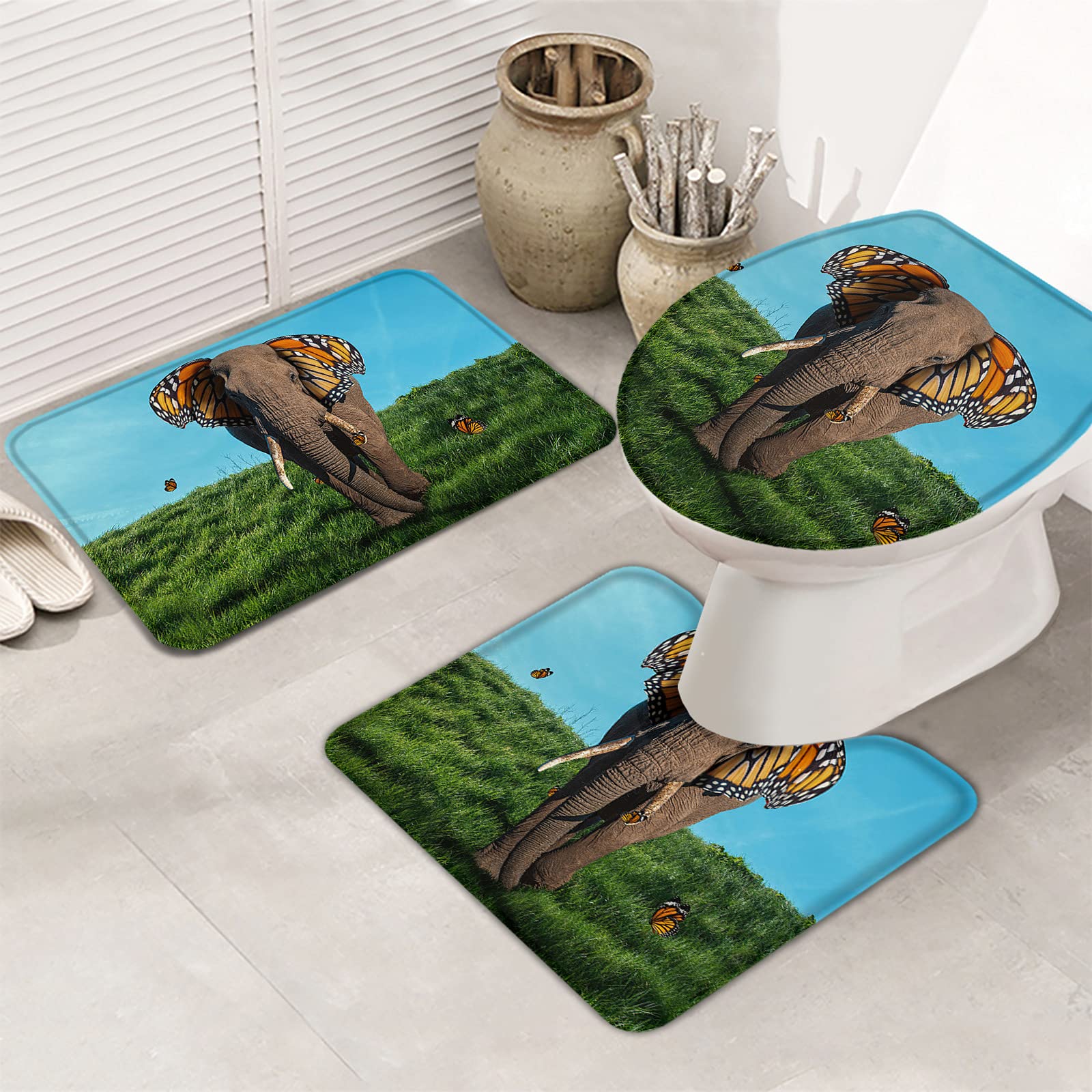3-Piece Non-Slip Bathroom Rug Set - Elephant with Butterfly Ears Contour Mat, Toilet Lid Cover & Absorbent Shower Mat - Soft Green Grass Landscape Design for Bathroom Safety and Comfort | Perfect for Kids' Bathrooms, Guest Bathrooms & Eco-Friendly Home Decor